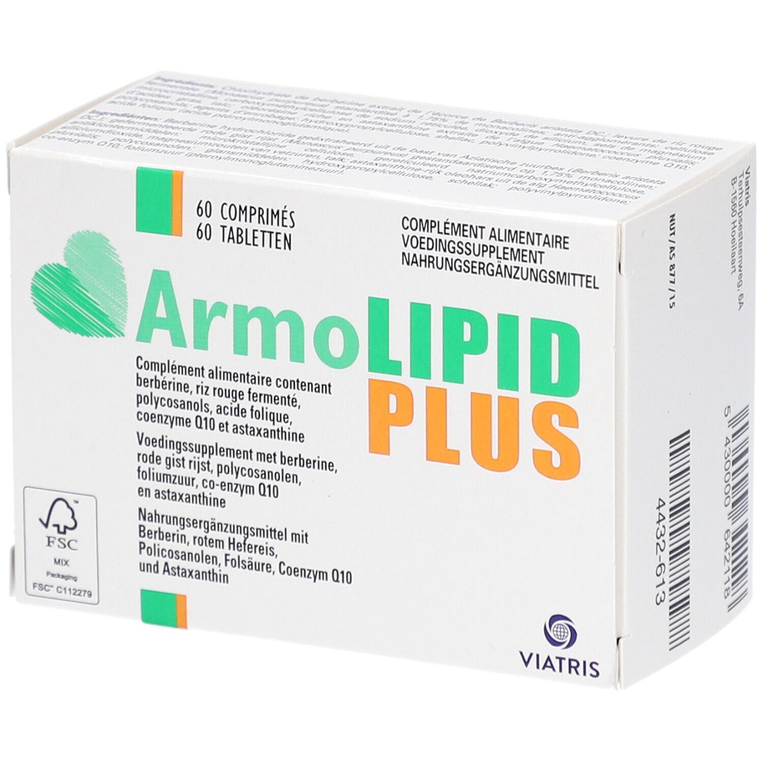 Boîte blanche ArmoLIPID PLUS, 60 comprimés. Inscriptions en plusieurs langues. Logo Viatris.