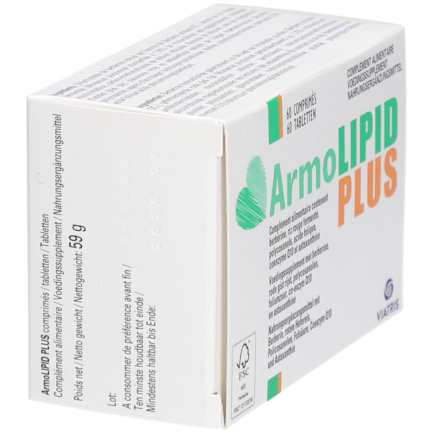 Vue latérale de la boîte ArmoLIPID PLUS. 59 g. Logo FSC. Texte multilingue.