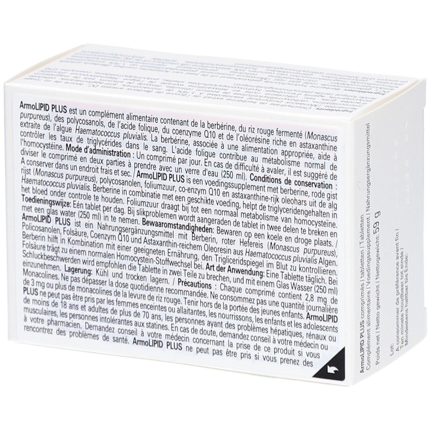 Texte au dos de la boîte ArmoLIPID PLUS. Texte multilingue. Informations sur le produit.