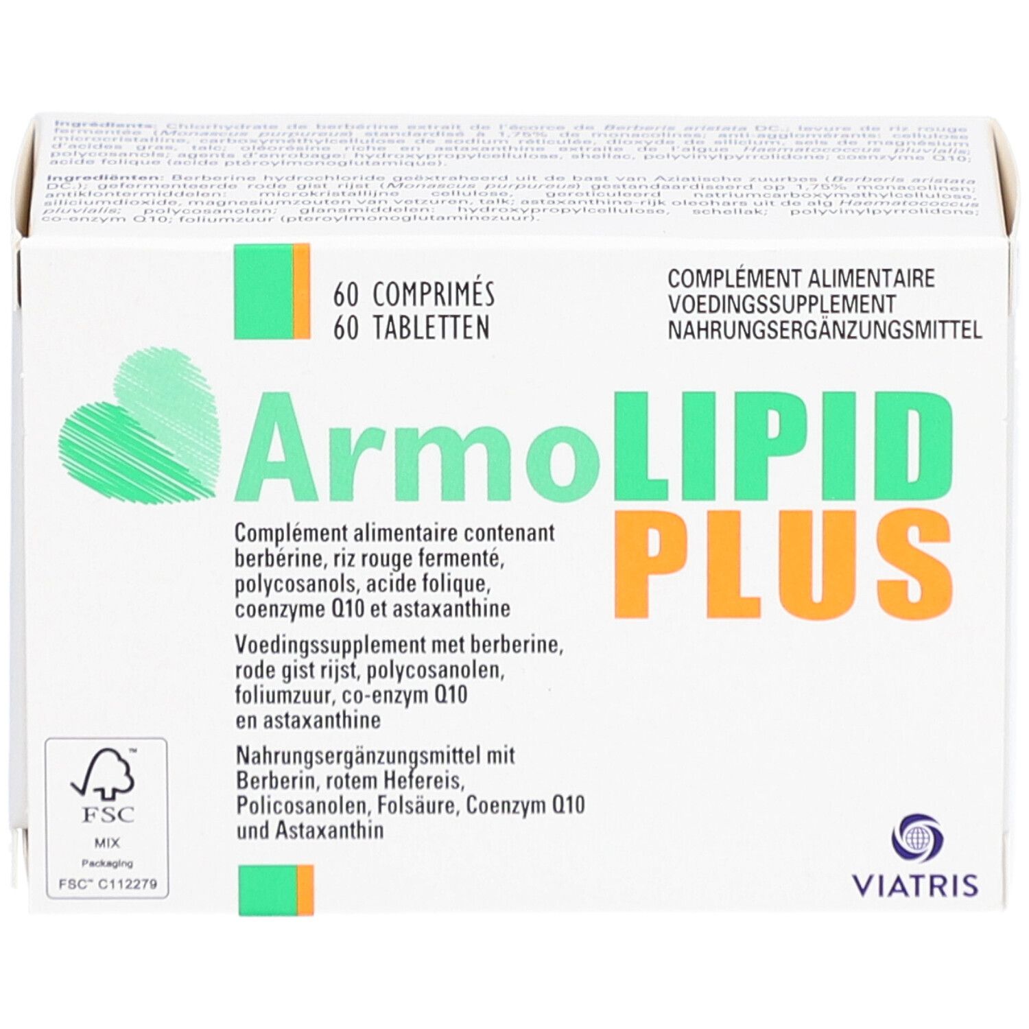 Boîte blanche ArmoLIPID PLUS, 60 comprimés. Design vert et orange. Logo Mylan.
