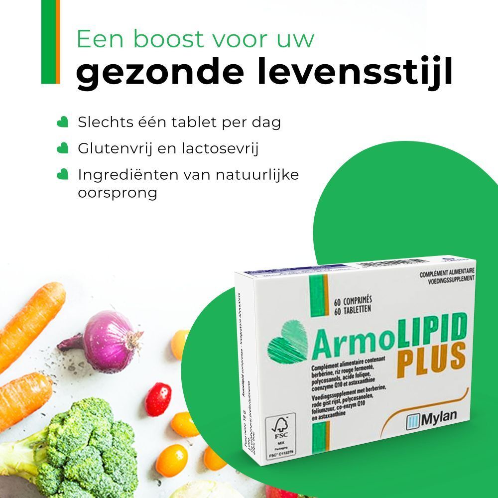 Reclamebeeld met ArmoLIPID PLUS doos. Groenten en fruit. Tekst: Gezonde levensstijl.