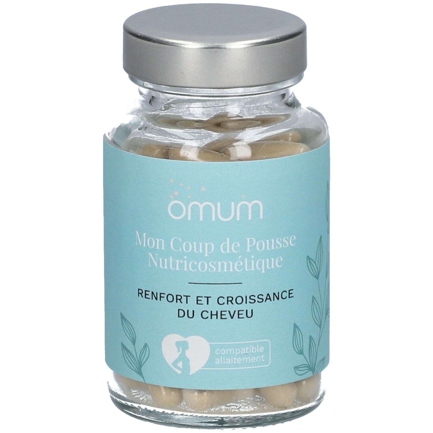 Flacon en verre avec capsules. Étiquette bleu clair avec texte: Omum, Mon Coup de Pousse, Nutricosmétique, Renfort et croissance du cheveu.