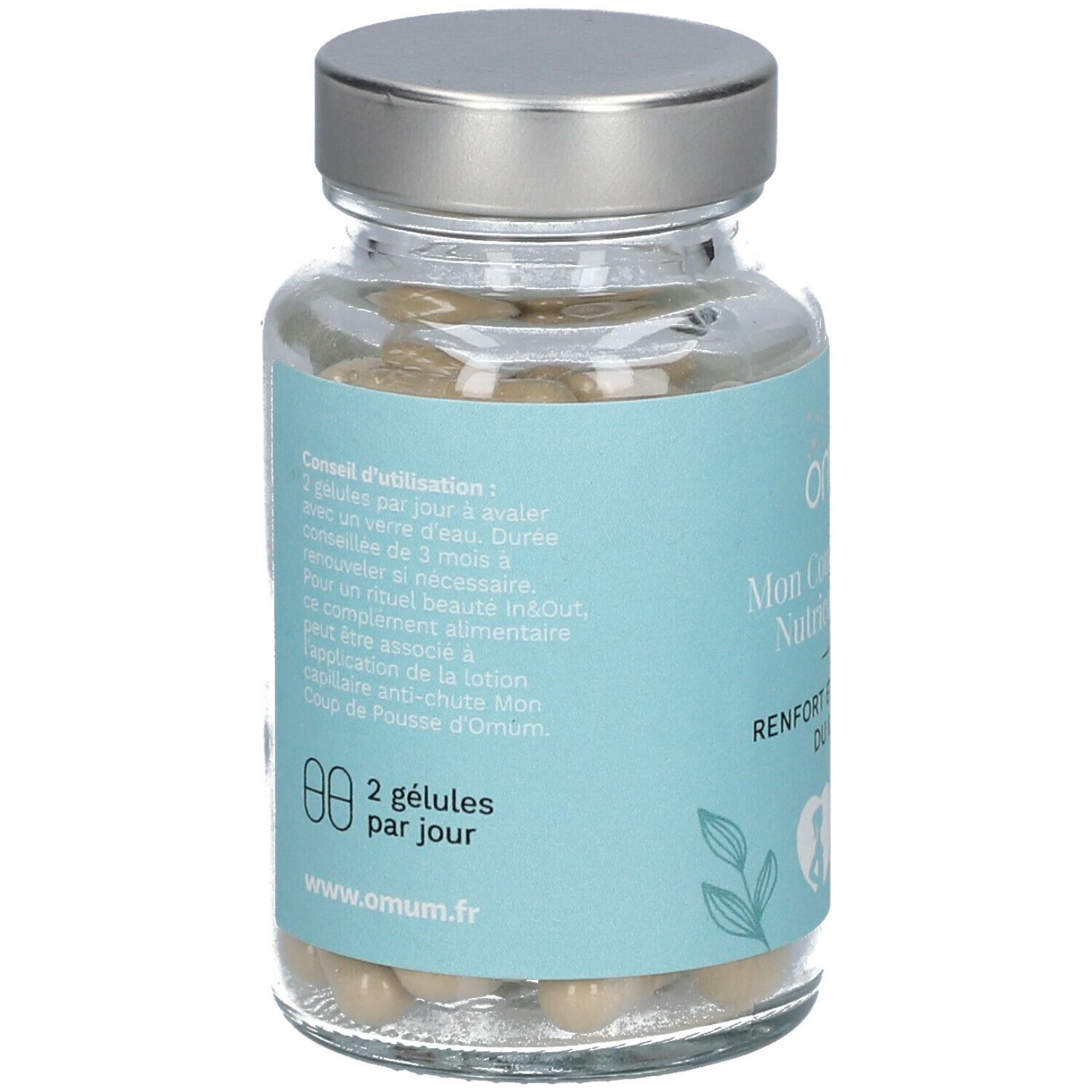 Vue arrière d'un flacon en verre avec capsules. Étiquette bleu clair avec texte et informations d'utilisation.