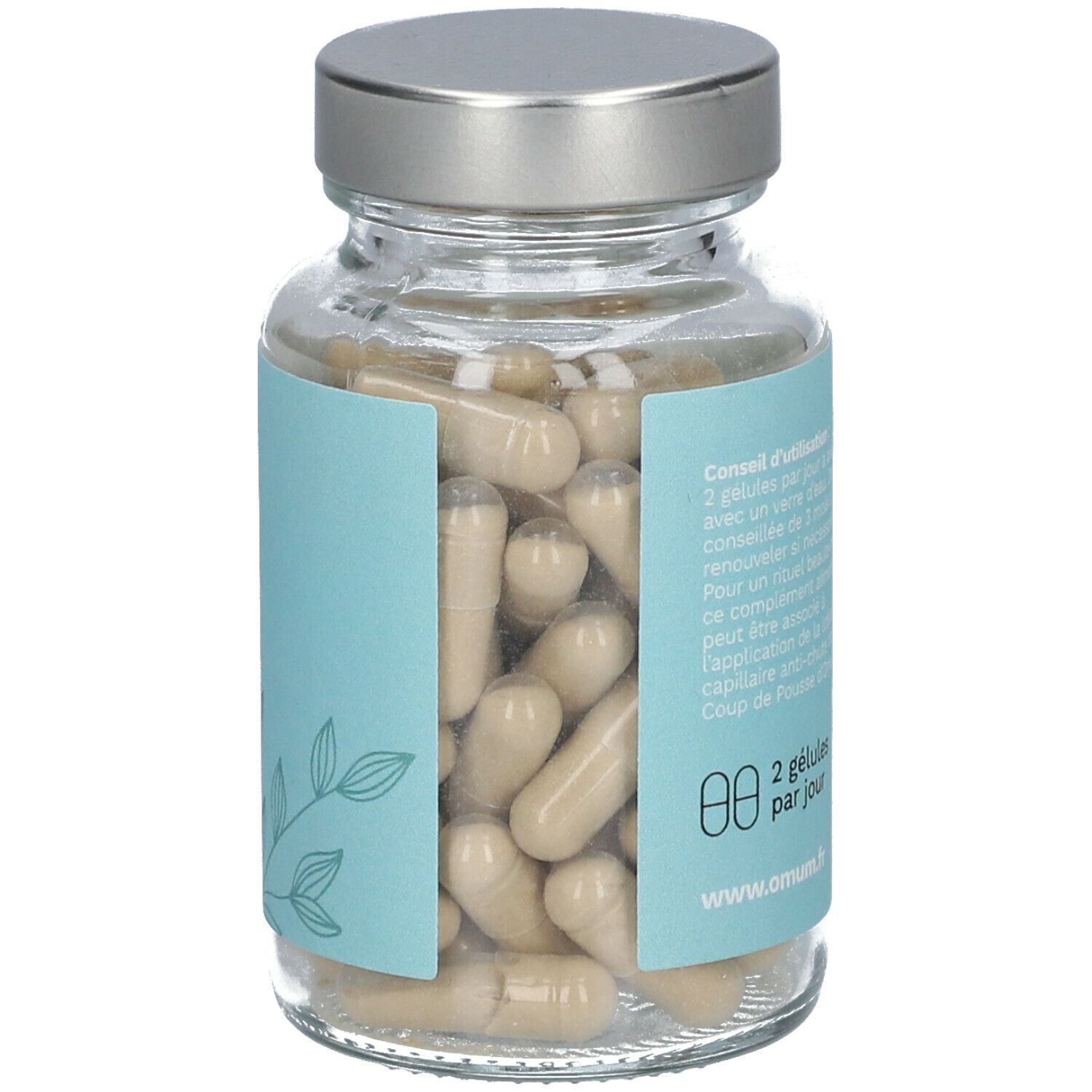 Flacon en verre avec capsules visibles. Étiquette bleu clair avec texte et informations d'utilisation.