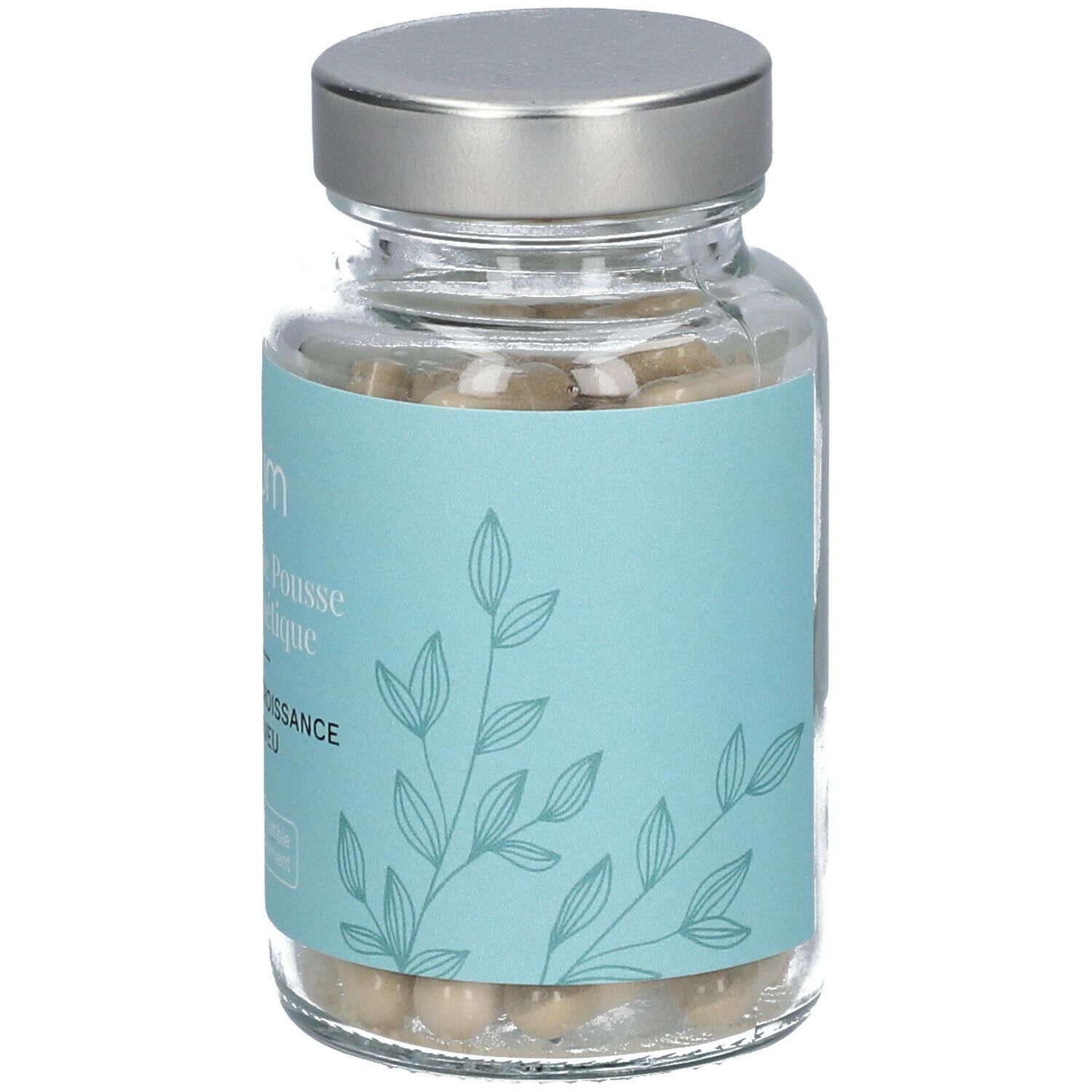 Flacon en verre avec capsules. Étiquette bleu clair avec texte: Omum, Mon Coup de Pousse, Nutricosmétique, Renfort et croissance du cheveu.