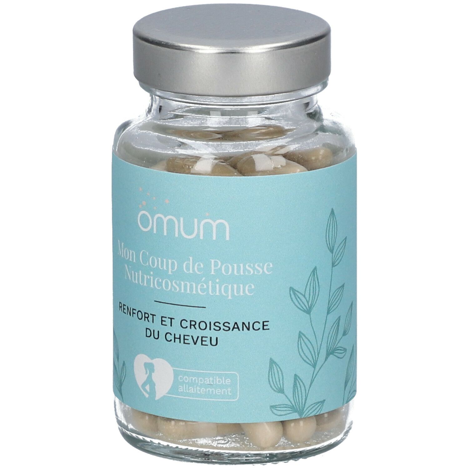 Flacon en verre avec capsules. Étiquette bleu clair avec texte: Omum, Mon Coup de Pousse, Nutricosmétique, Renfort et croissance du cheveu.