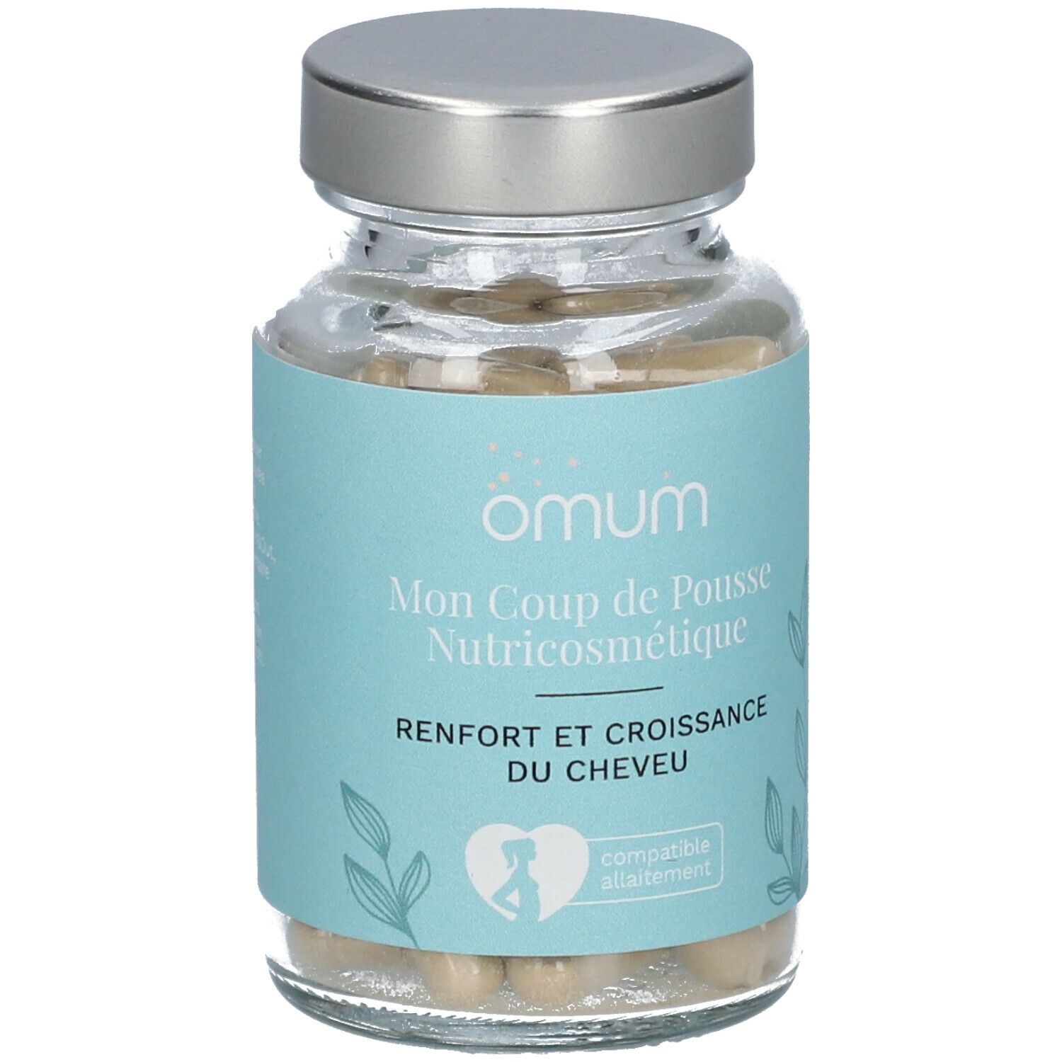 Flacon en verre avec capsules. Étiquette bleu clair avec texte: Omum, Mon Coup de Pousse, Nutricosmétique, Renfort et croissance du cheveu.