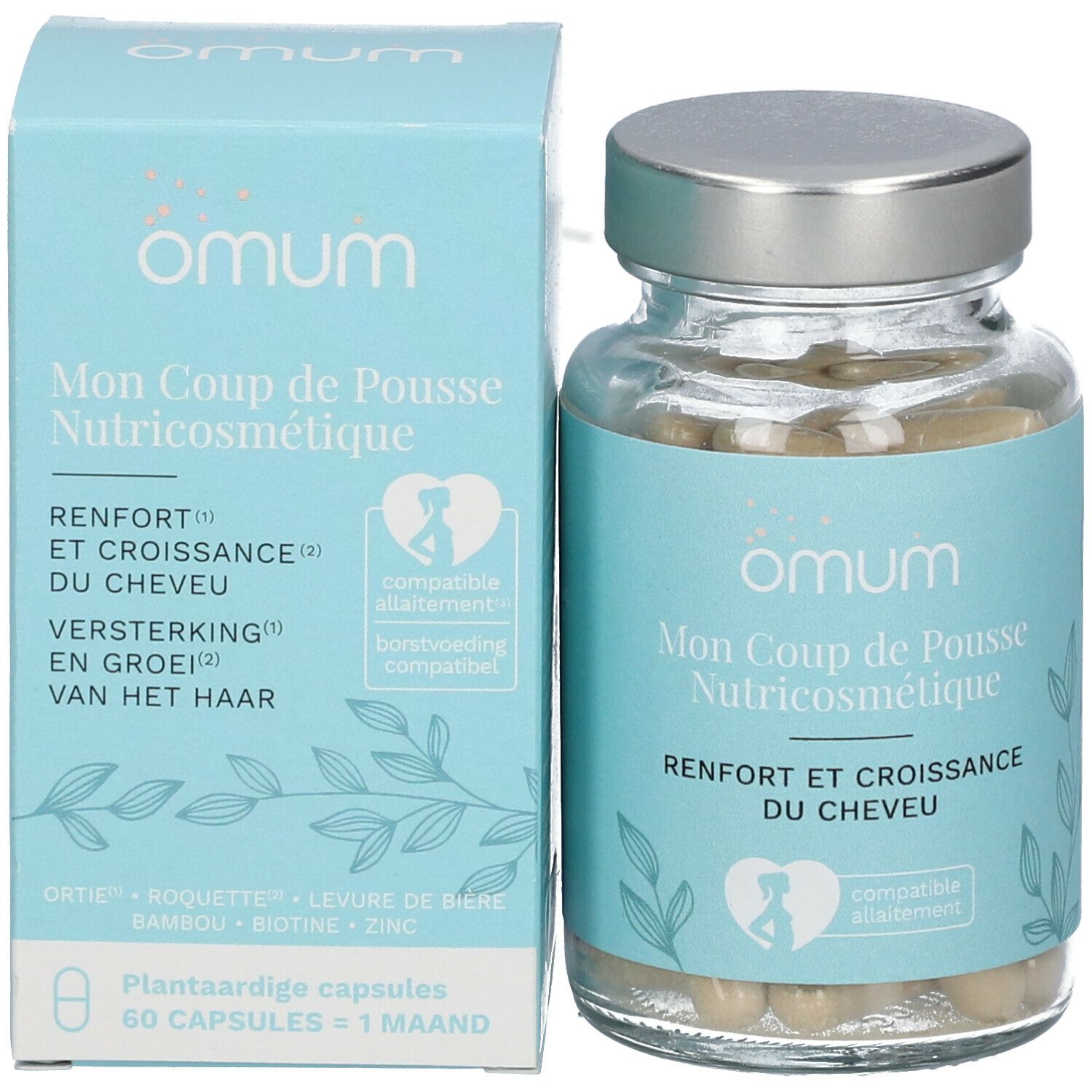 Emballage et flacon de capsules. Boîte bleu clair et flacon avec texte: Omum, Mon Coup de Pousse, Nutricosmétique.