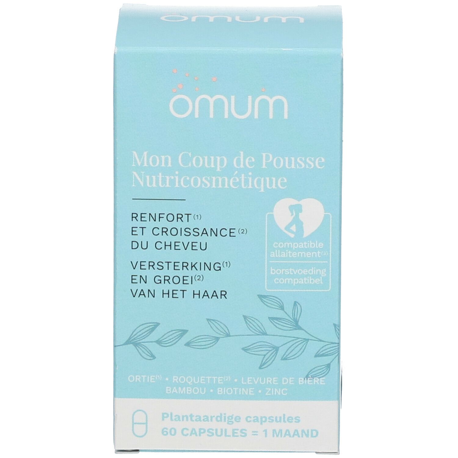 Boîte bleu clair avec texte: Omum, Mon Coup de Pousse, Nutricosmétique, Renfort et croissance du cheveu. Contient 60 capsules.