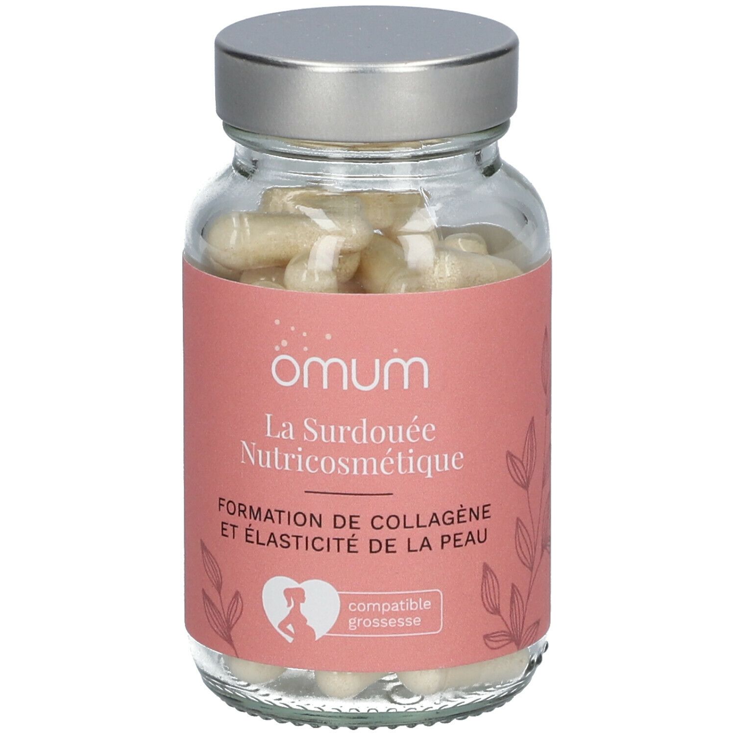 Glazen fles met capsules. Roze etiket met tekst: La Surdouée Nutricosmétique. Compatibel met zwangerschap.