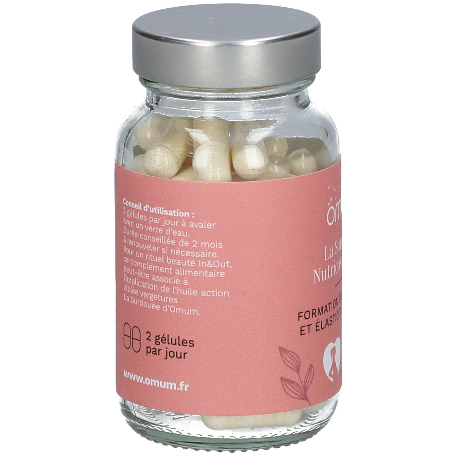 Glazen fles met capsules. Roze etiket met tekst en gebruiksaanwijzing. 2 capsules per dag. www.omum.fr
