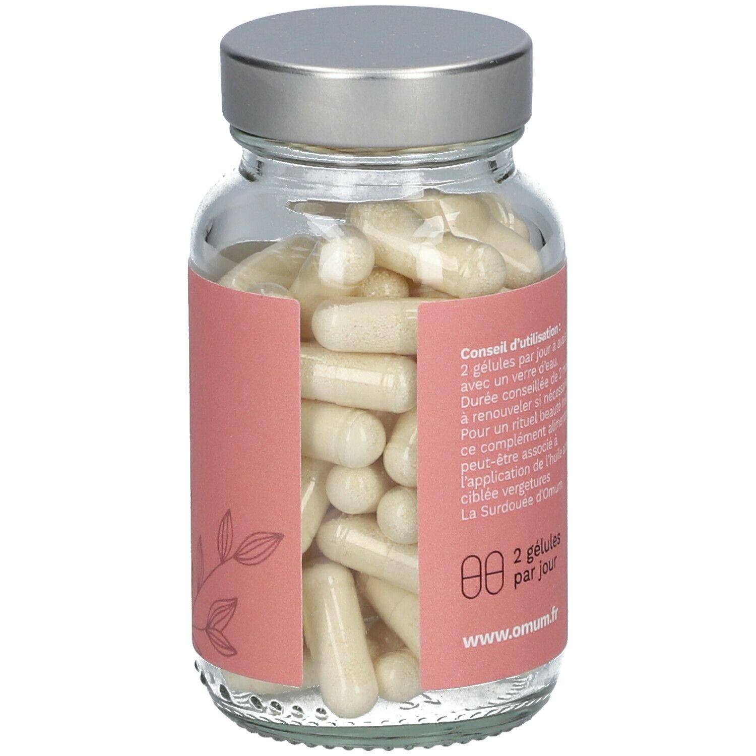 Glazen fles met capsules. Roze etiket met tekst en gebruiksaanwijzing. 2 capsules per dag. www.omum.fr