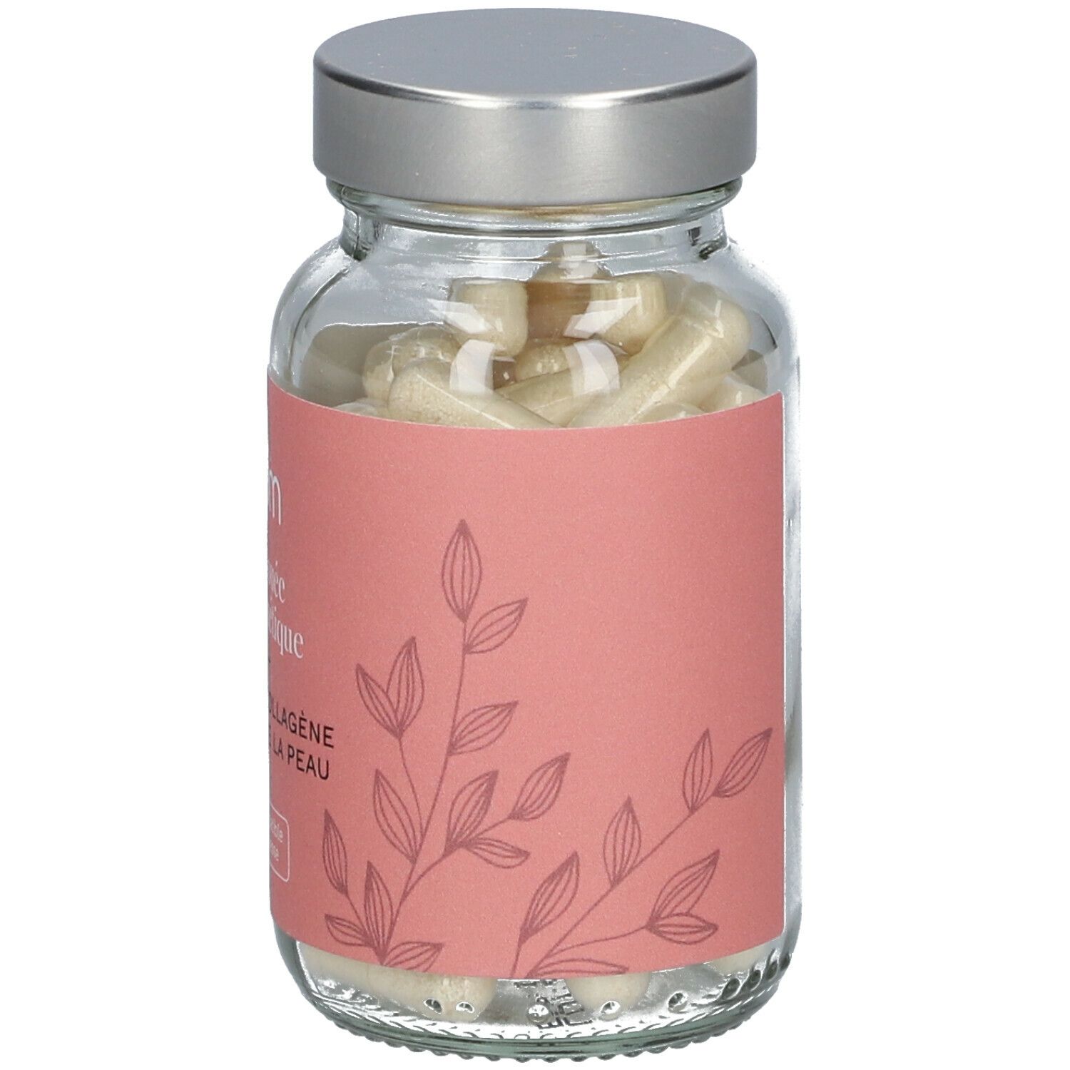 Glazen fles met capsules. Roze etiket met tekst: La Surdouée Nutricosmétique. Compatibel met zwangerschap.