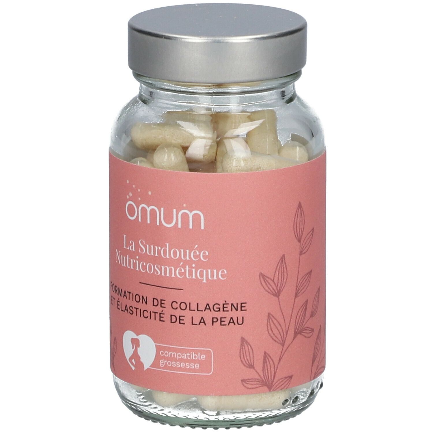 Glazen fles met capsules. Roze etiket met tekst: La Surdouée Nutricosmétique. Compatibel met zwangerschap.