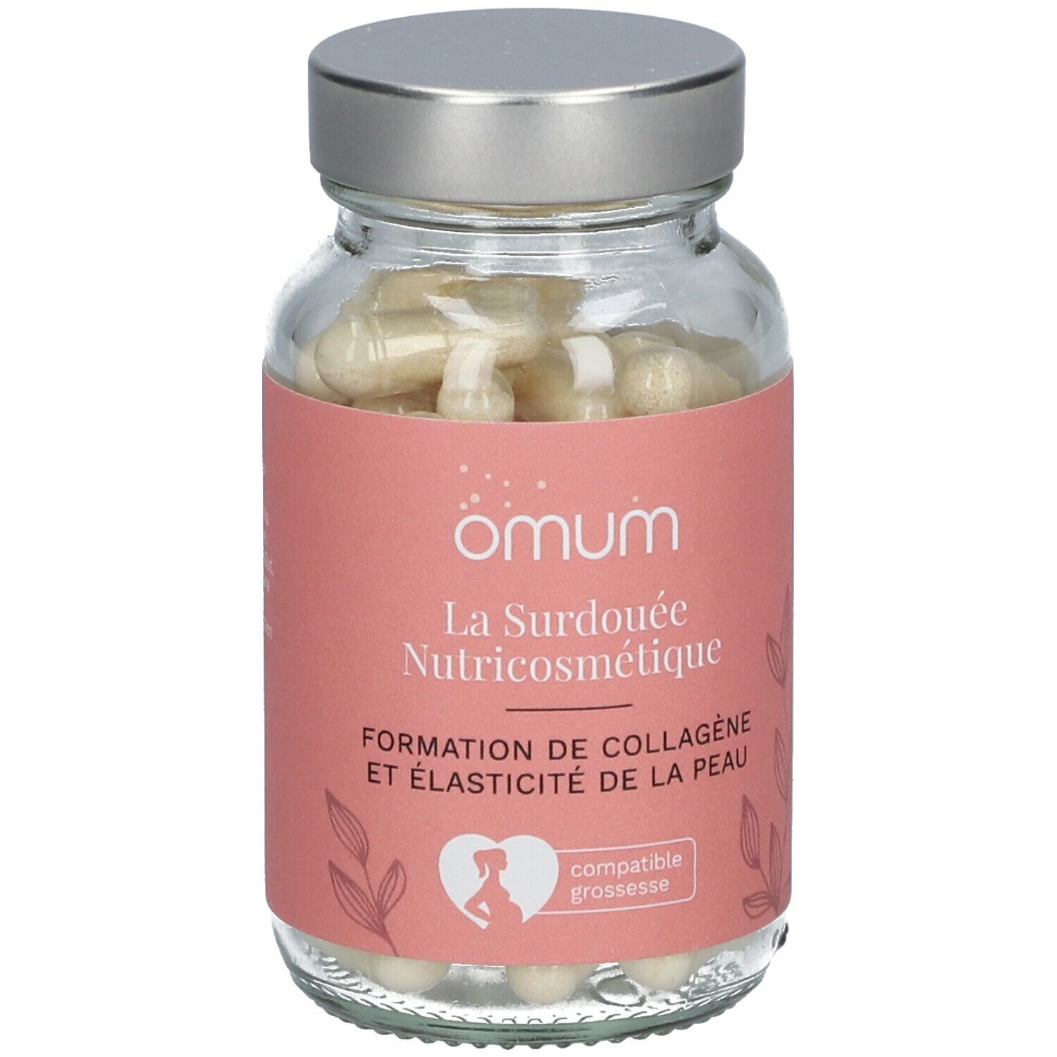 Glazen fles met capsules. Roze etiket met tekst: La Surdouée Nutricosmétique. Compatibel met zwangerschap.