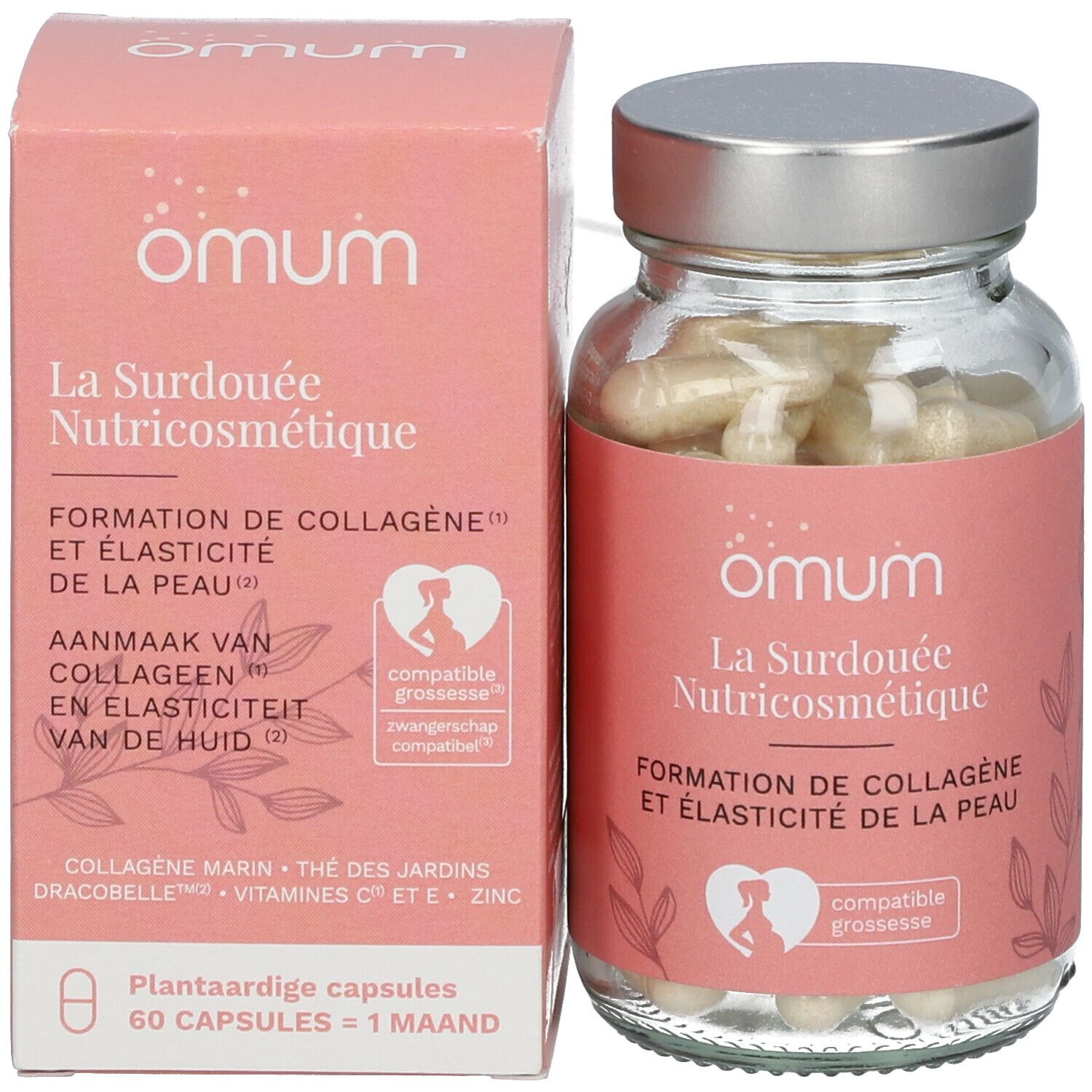 Productverpakking en fles met capsules. Roze verpakking met tekst: La Surdouée Nutricosmétique. 60 capsules.
