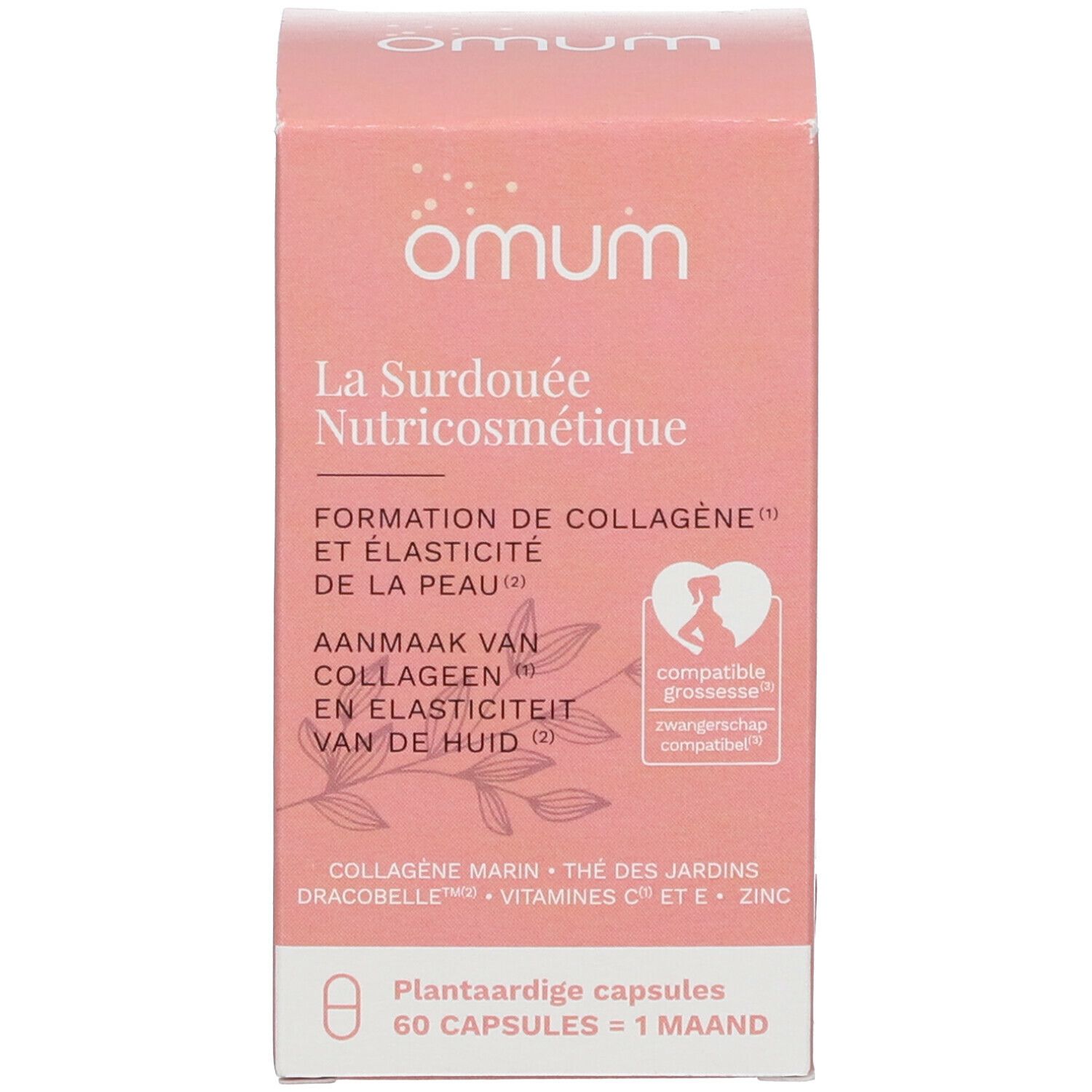 Roze productverpakking met tekst: La Surdouée Nutricosmétique. 60 capsules. Compatibel met zwangerschap.