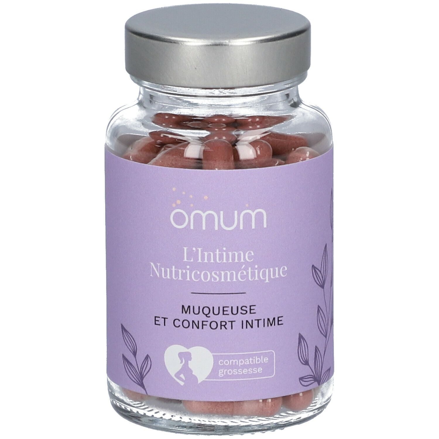 Glazen fles met capsules. Opschrift: Omum, L'Intime Nutricosmétique, Muqueuse et confort intime. Compatible grossesse.
