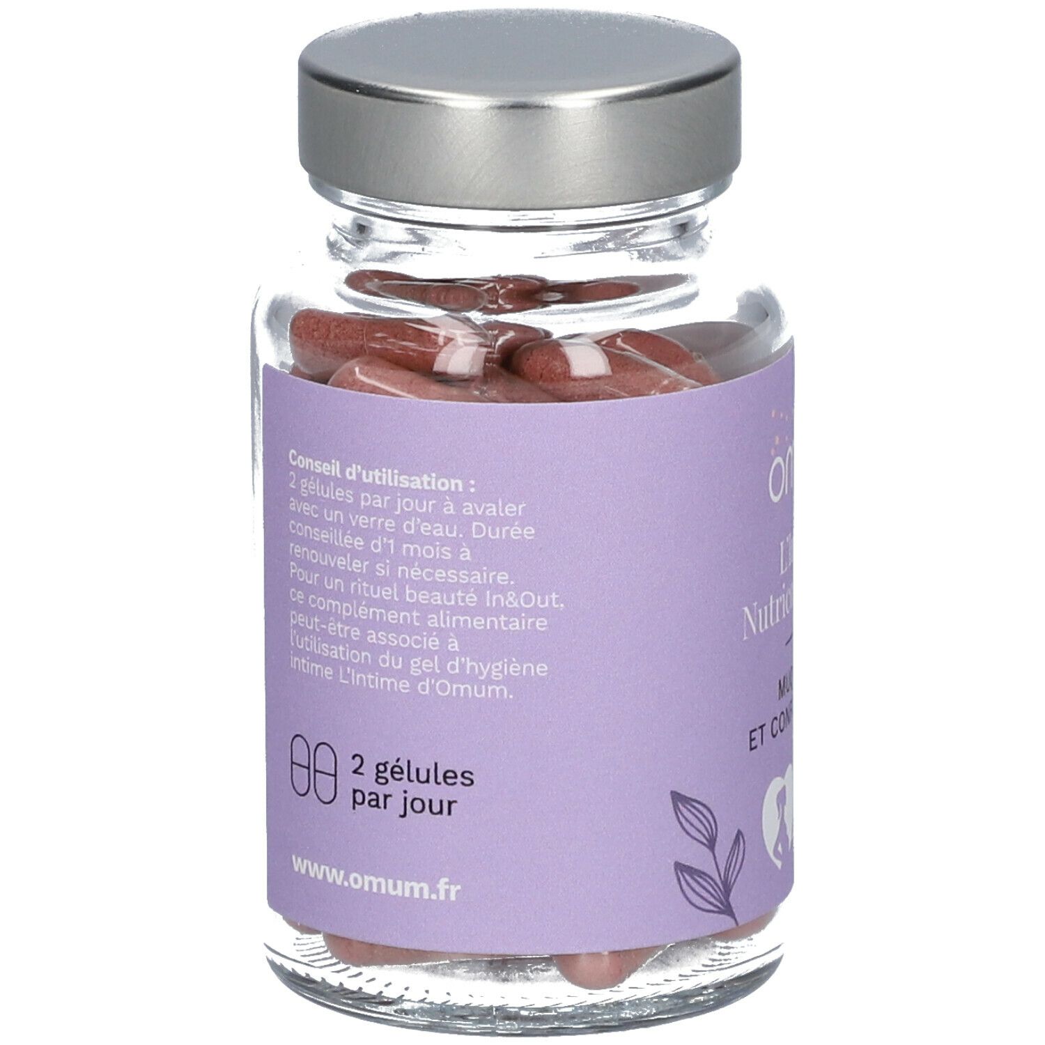 Glazen fles met capsules. Opschrift: Omum, L'Intime Nutricosmétique. Achterkant: Conseil d'utilisation, 2 gélules par jour, www.omum.fr.