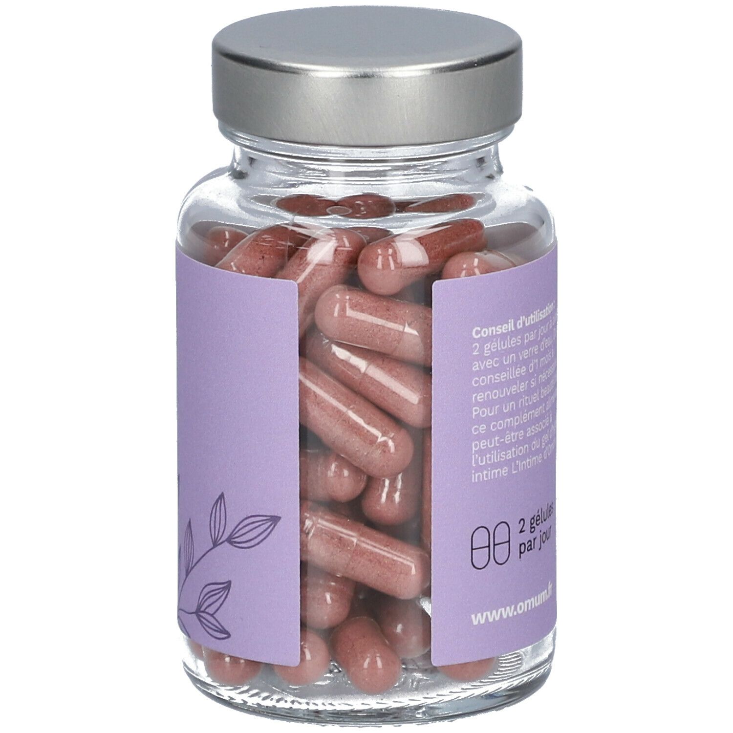 Glazen fles met capsules. Opschrift: Omum, L'Intime Nutricosmétique. Achterkant: Conseil d'utilisation, 2 gélules par jour, www.omum.fr.