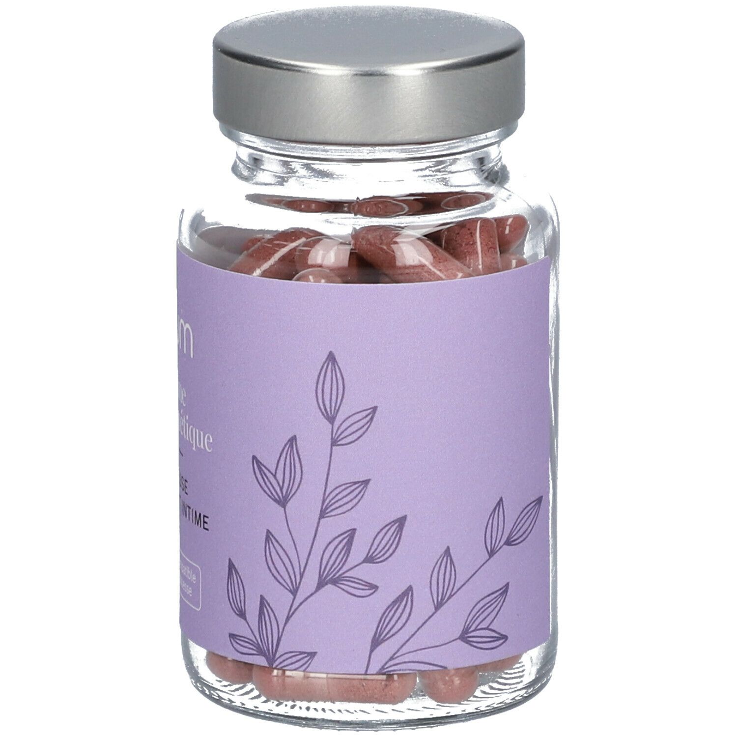 Glazen fles met capsules. Opschrift: Omum, L'Intime Nutricosmétique, Muqueuse et confort intime. Compatible grossesse.