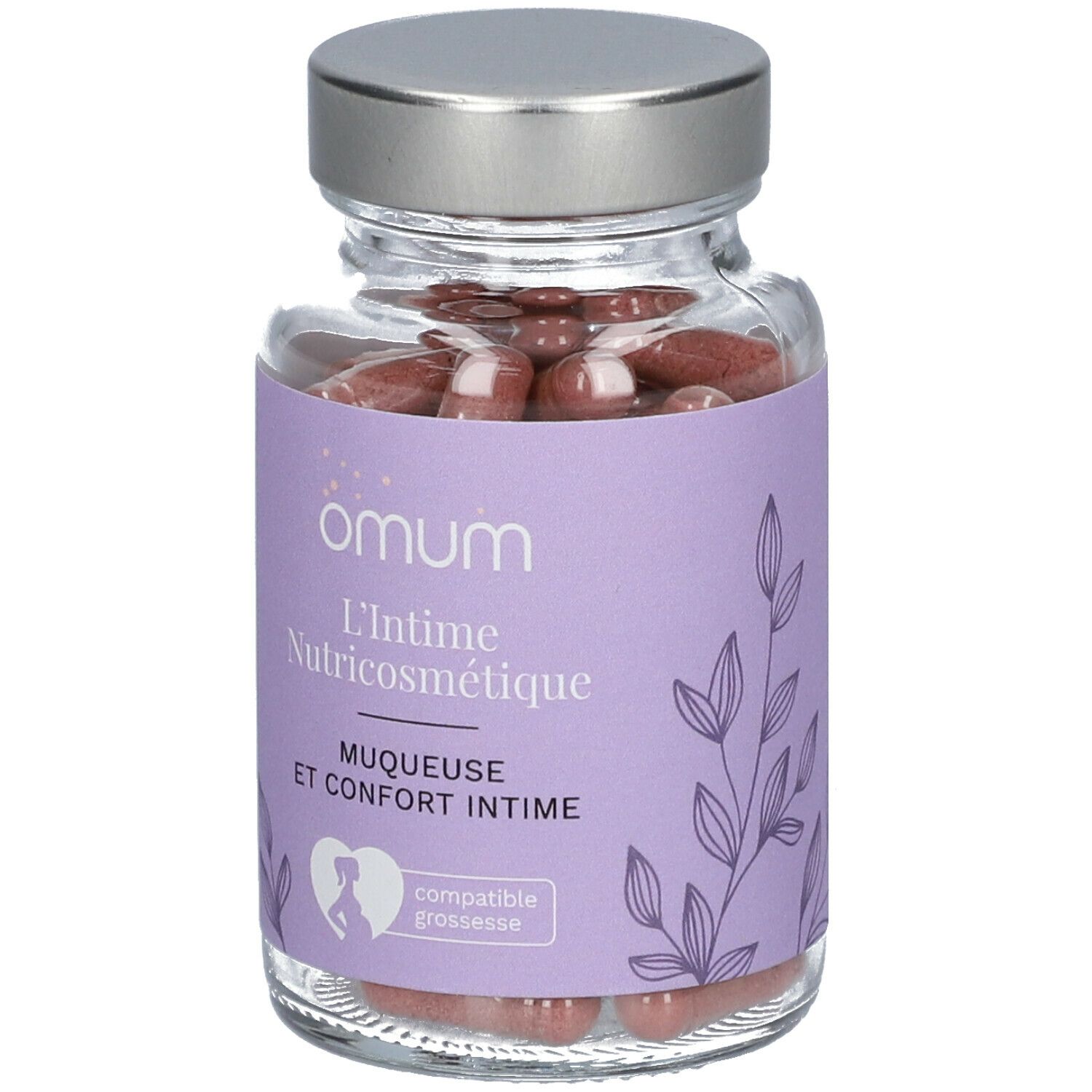 Glazen fles met capsules. Opschrift: Omum, L'Intime Nutricosmétique, Muqueuse et confort intime. Compatible grossesse.