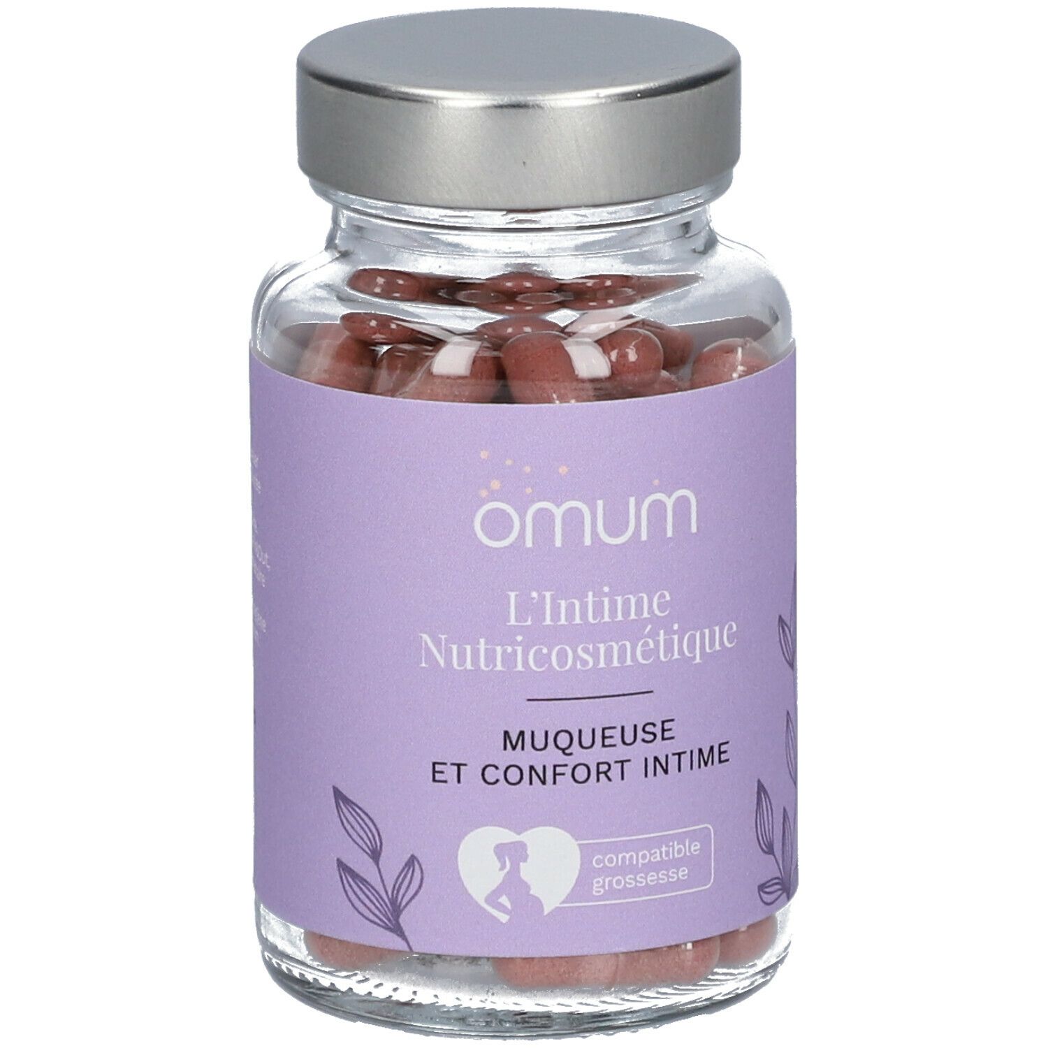 Glazen fles met capsules. Opschrift: Omum, L'Intime Nutricosmétique, Muqueuse et confort intime. Compatible grossesse.