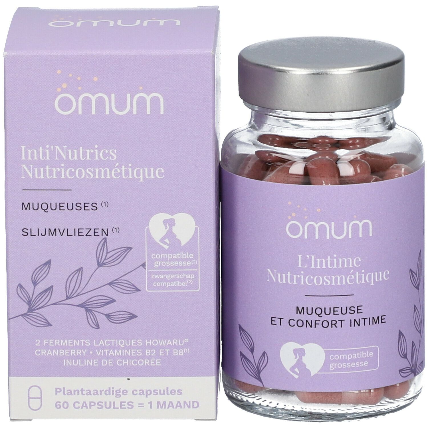 Fles en doos. Opschrift: Omum, Inti'Nutrics Nutricosmétique, Muqueuses, Slijmvliezen. 60 capsules = 1 maand.