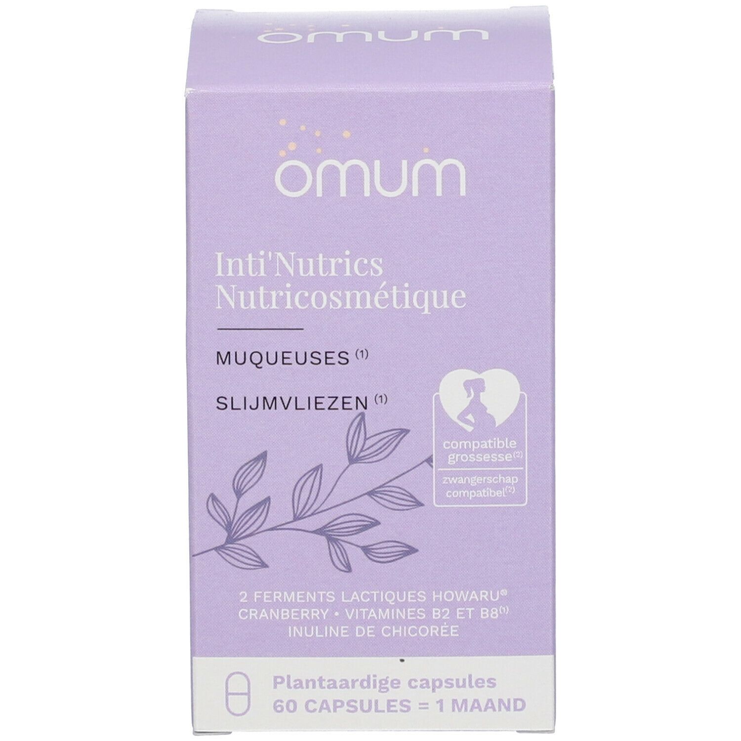 Doos. Opschrift: Omum, Inti'Nutrics Nutricosmétique, Muqueuses, Slijmvliezen. 60 capsules = 1 maand.