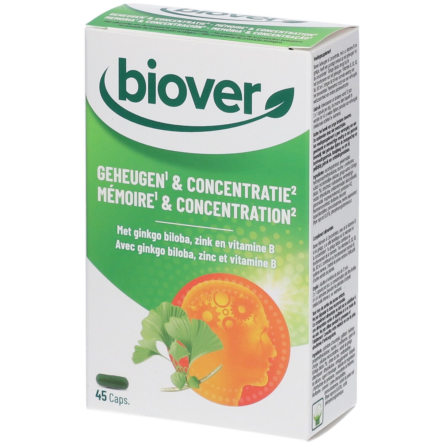 Doos "Biover" met productnaam. Bevat 45 capsules. Groen-wit ontwerp met illustratie van ginkgobladeren.