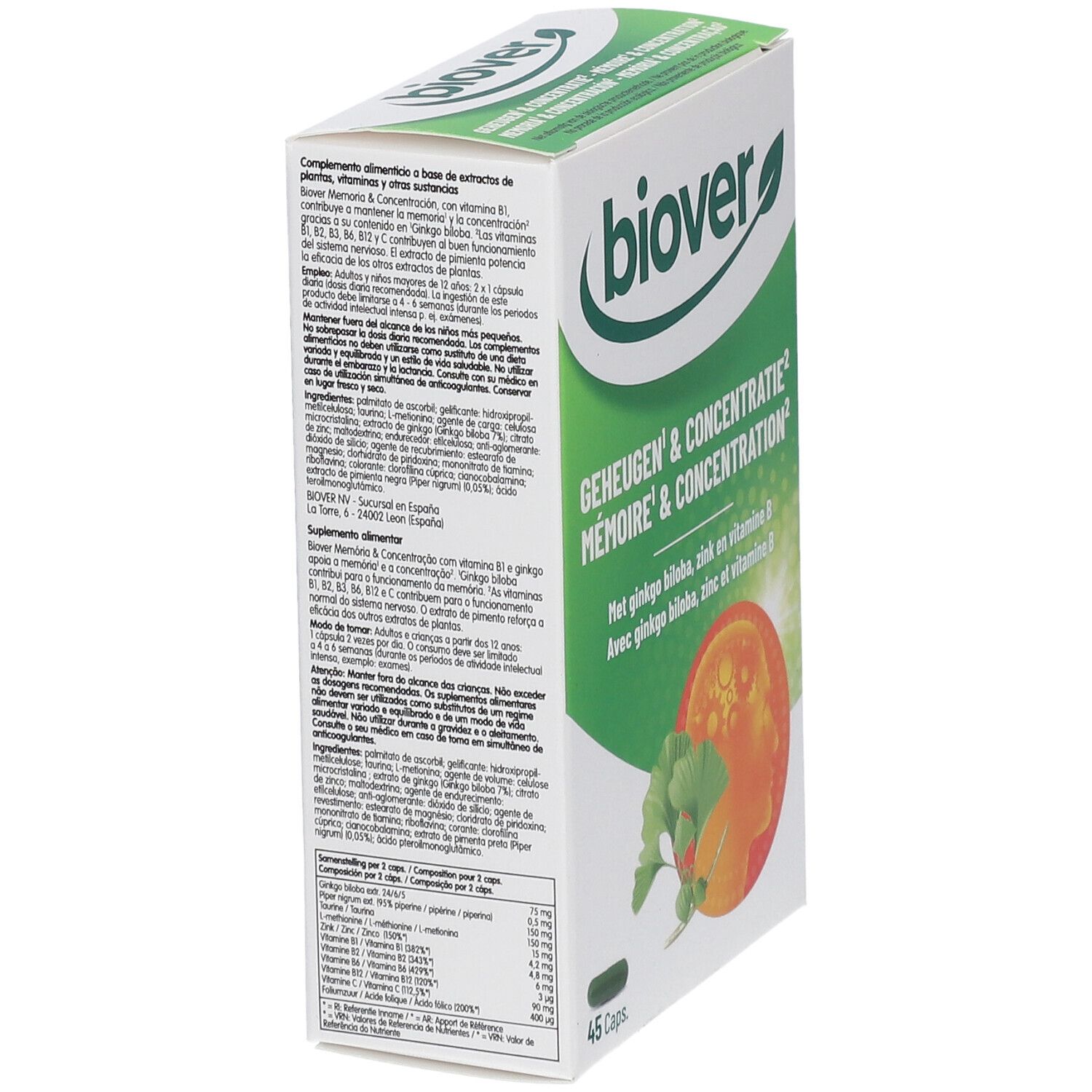 Schuine weergave van "Biover" doos. Tekst: "Geheugen & Concentratie". Bevat 45 capsules. Groen-wit ontwerp met ginkgo.