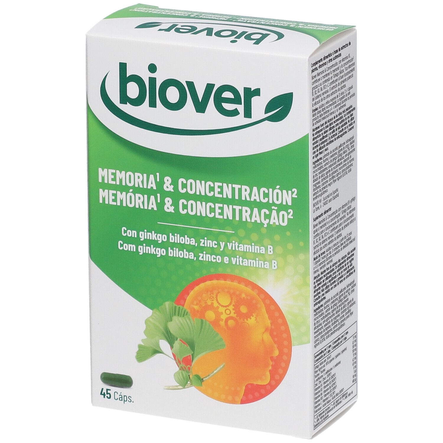 Doos "Biover" met productnaam. Bevat 45 capsules. Groen-wit ontwerp met ginkgo-illustratie en tekst.