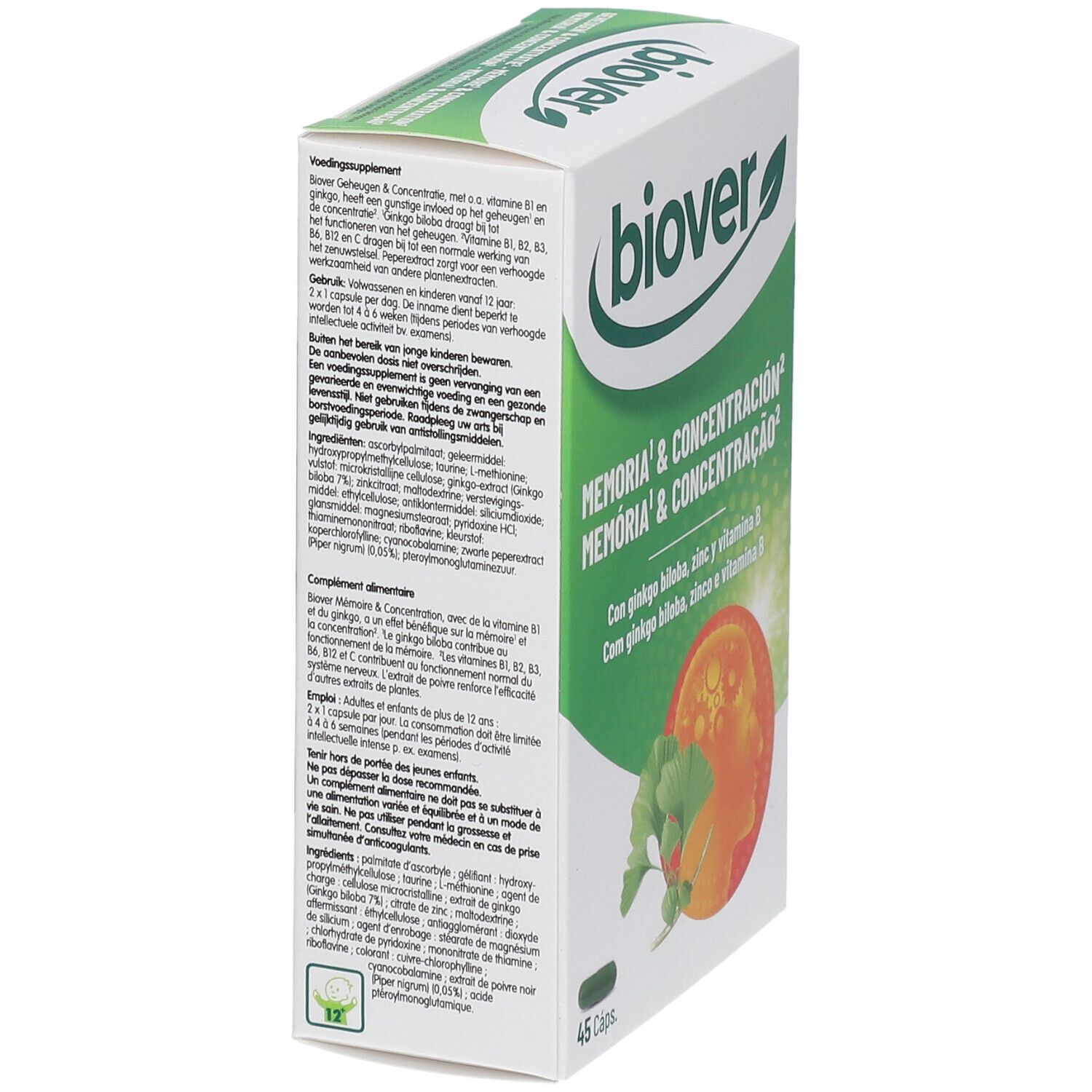 Schuine weergave van "Biover" doos. Tekst: "Geheugen & Concentratie". Bevat 45 capsules. Groen-wit ontwerp met ginkgo.