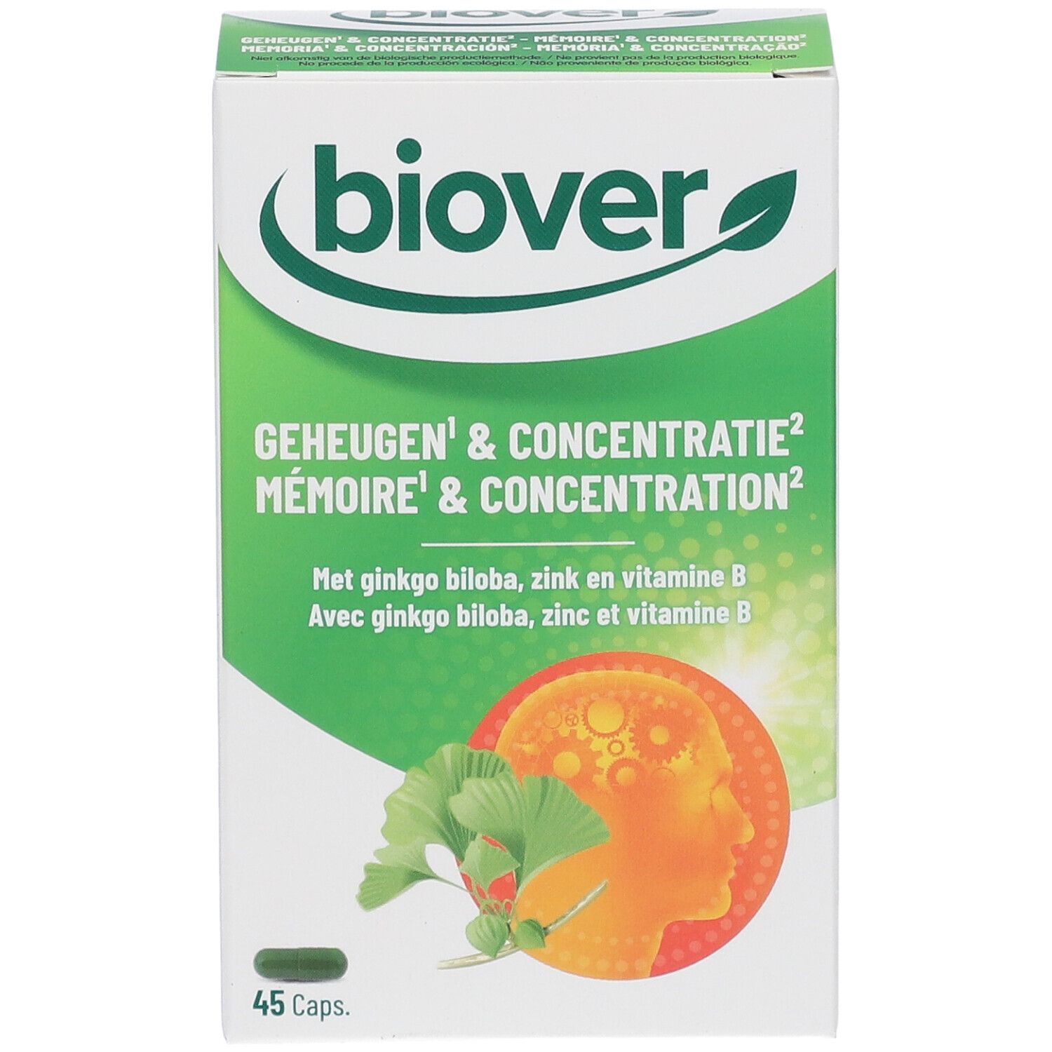Doos "Biover" met productnaam. Bevat 45 capsules. Groen-wit ontwerp met ginkgo-illustratie en tekst.