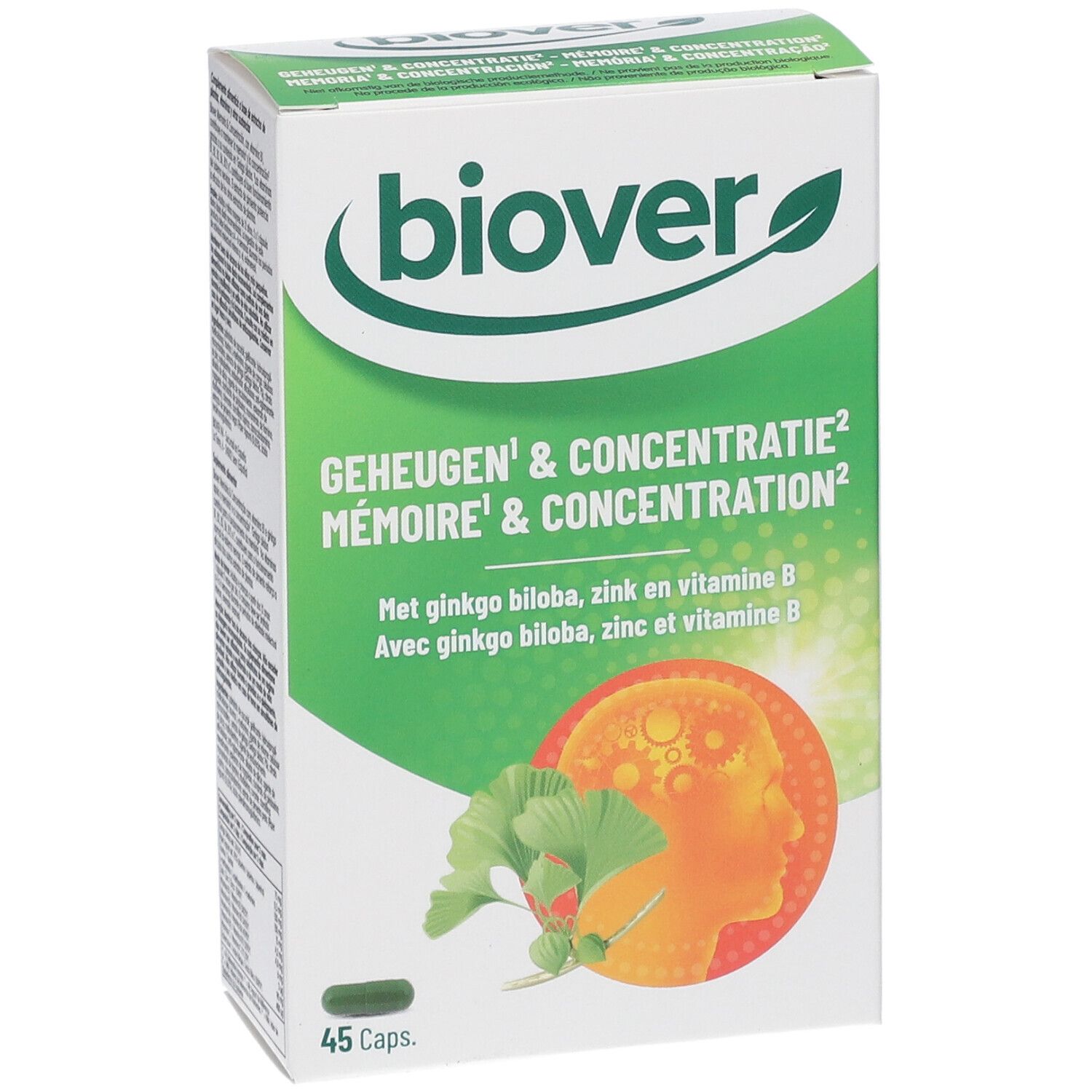 Doos "Biover" met productnaam. Bevat 45 capsules. Groen-wit ontwerp met ginkgo-illustratie en tekst.