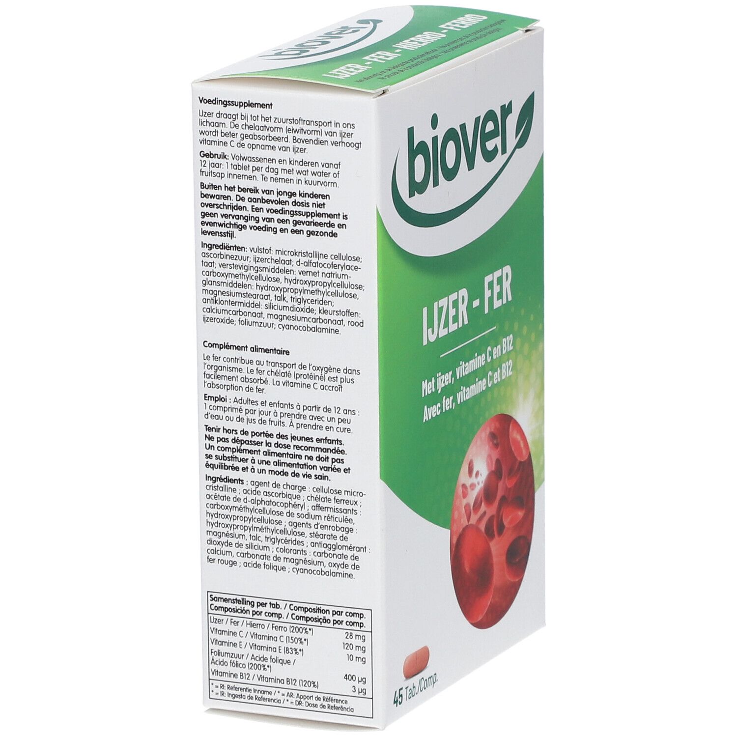 Achterkant van de Biover IJZER-FER verpakking. Tekst in het Nederlands en Frans. Bevat informatie over ingrediënten en gebruik.