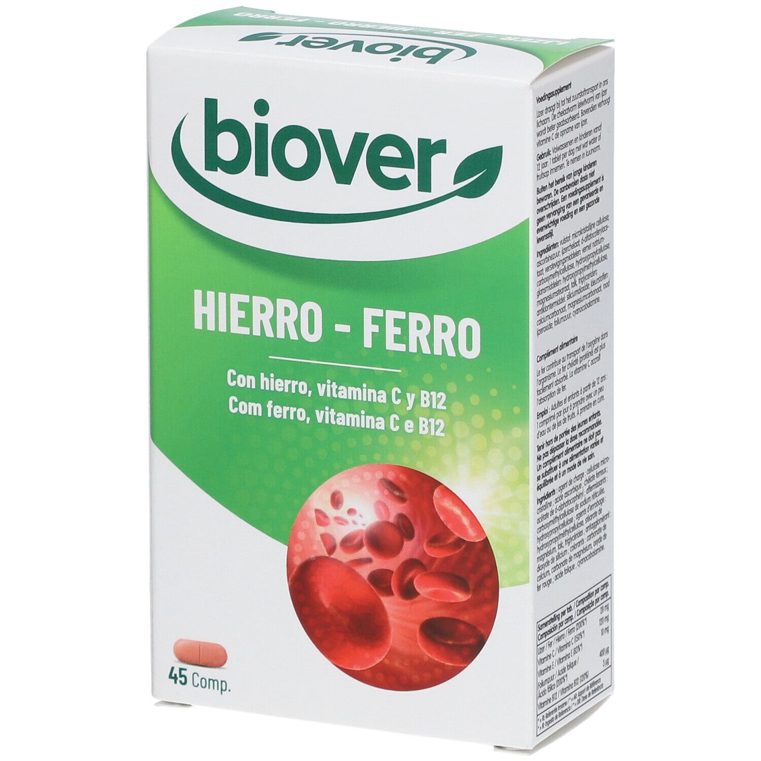 Verpakking van Biover HIERRO-FERRO. Opschrift: HIERRO-FERRO, 45 tabletten. Illustratie van rode bloedcellen.