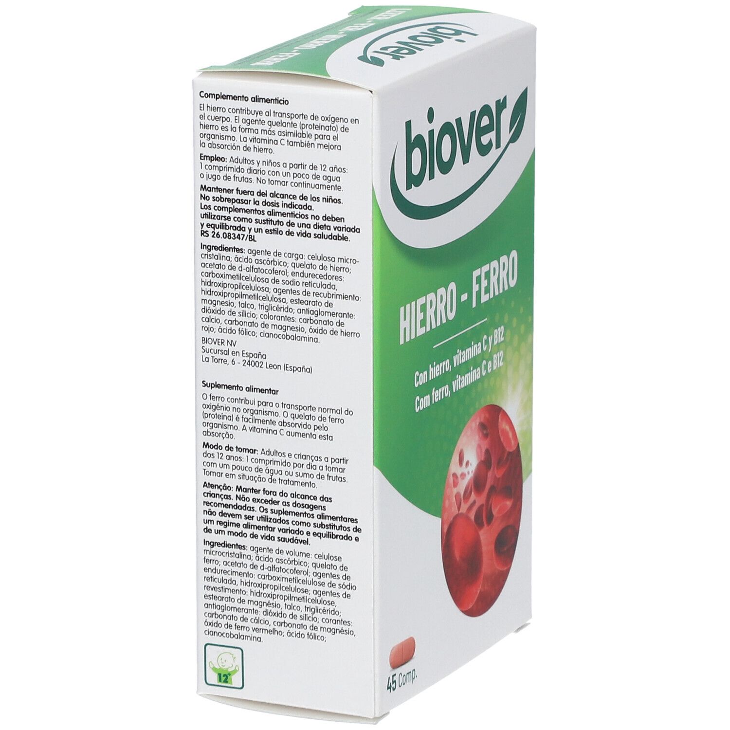 Achterkant van de Biover HIERRO-FERRO verpakking. Tekst in het Spaans. Bevat informatie over ingrediënten en gebruik.
