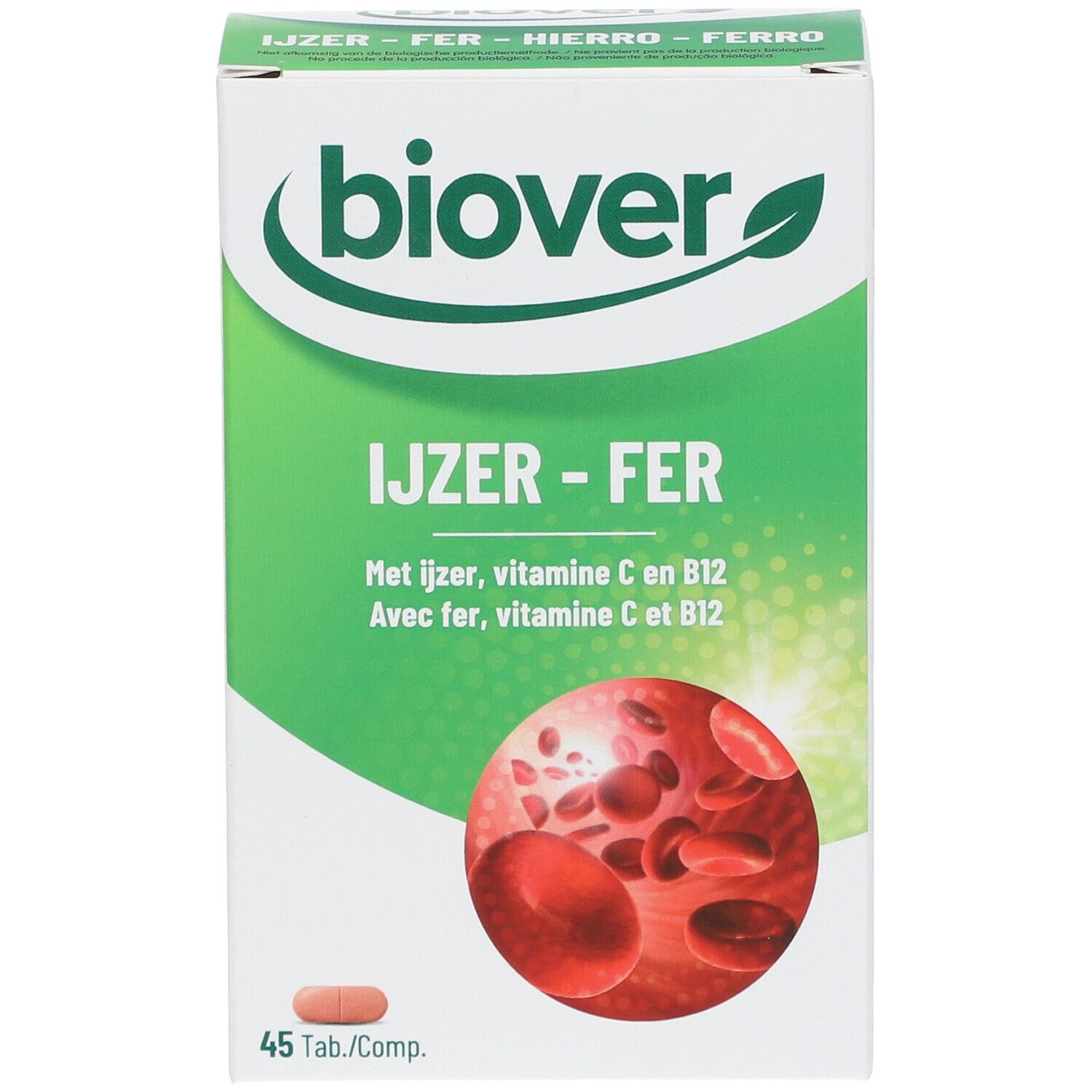 Verpakking van Biover IJZER-FER. Opschrift: IJZER-FER, 45 tabletten. Illustratie van rode bloedcellen.