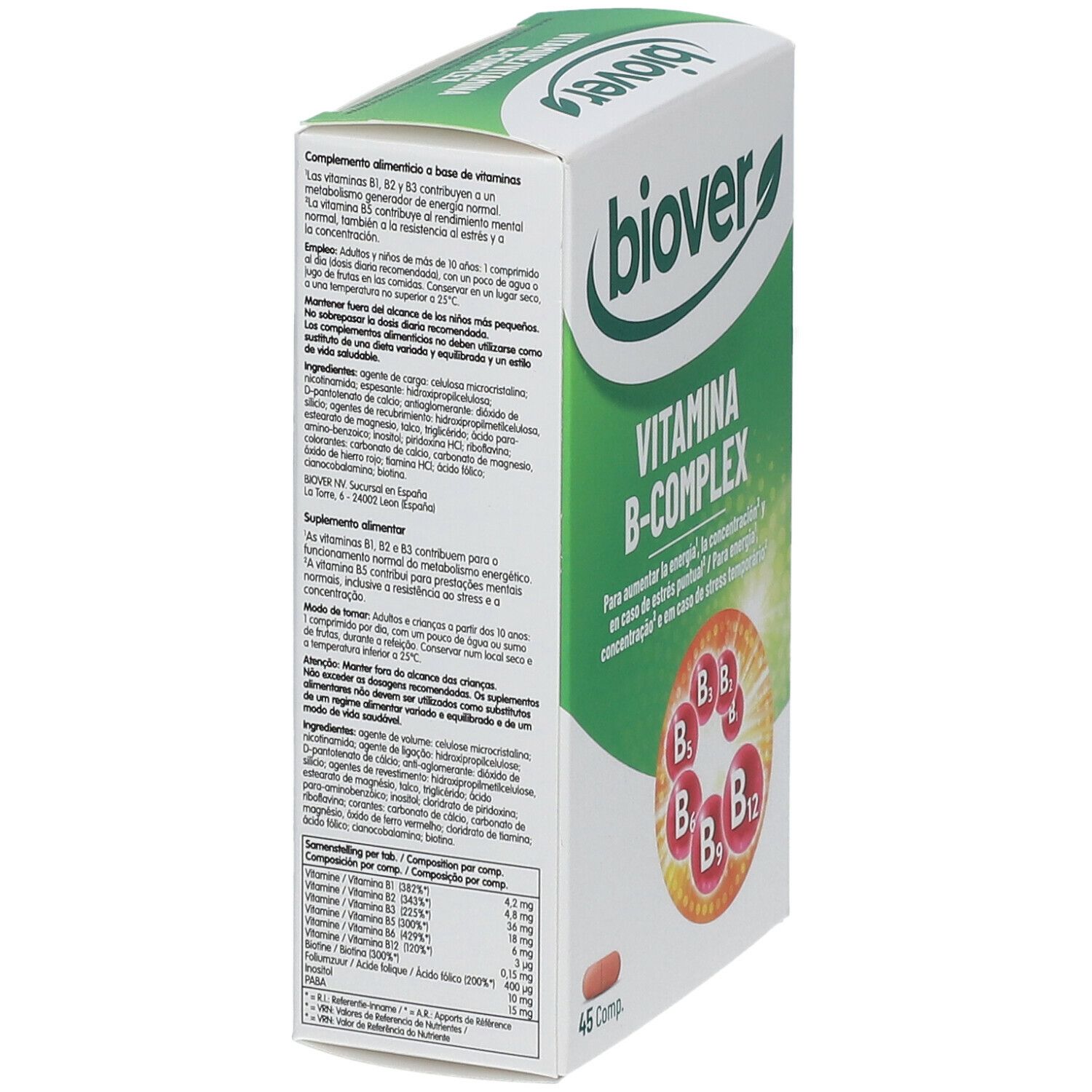 Boîte BIOVER Vitamine B-Complex en biais. Inscription: Vitamina B-Complex. 45 comprimés. Emballage vert et blanc. Texte sur le côté.