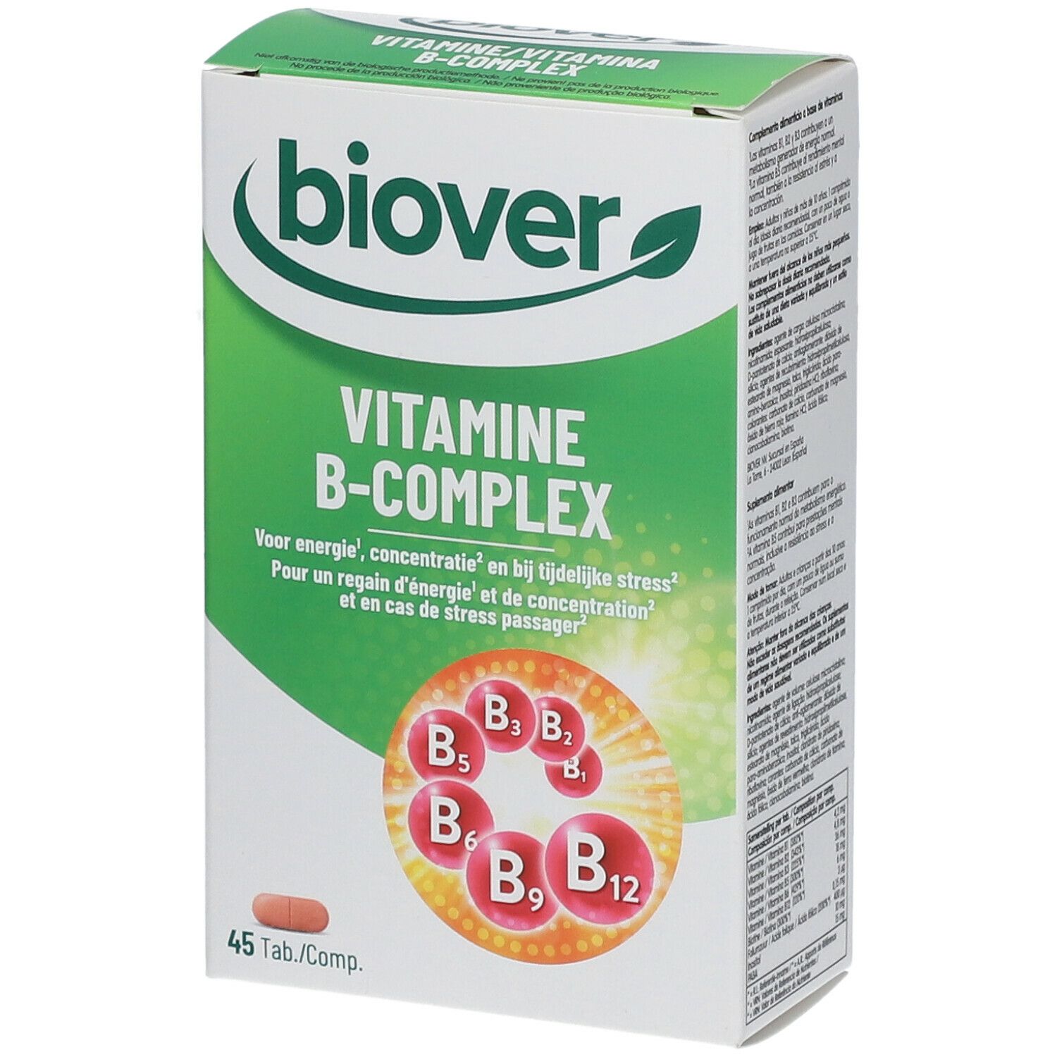 Boîte BIOVER Vitamine B-Complex. Inscription: Vitamine B-Complex. 45 comprimés. Emballage vert et blanc. Texte sur le côté.