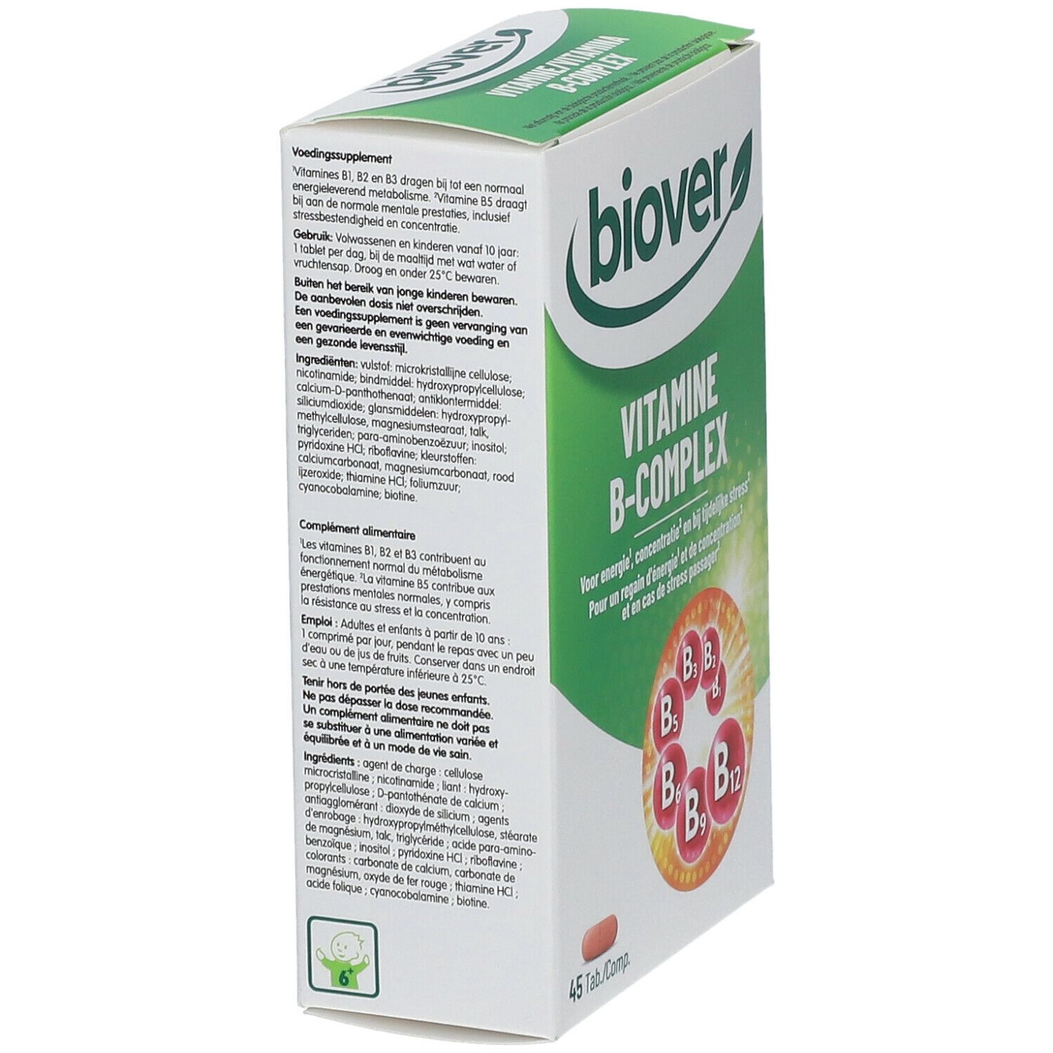 Boîte BIOVER Vitamine B-Complex en biais. Inscription: Vitamine B-Complex. 45 comprimés. Emballage vert et blanc. Texte sur le côté.