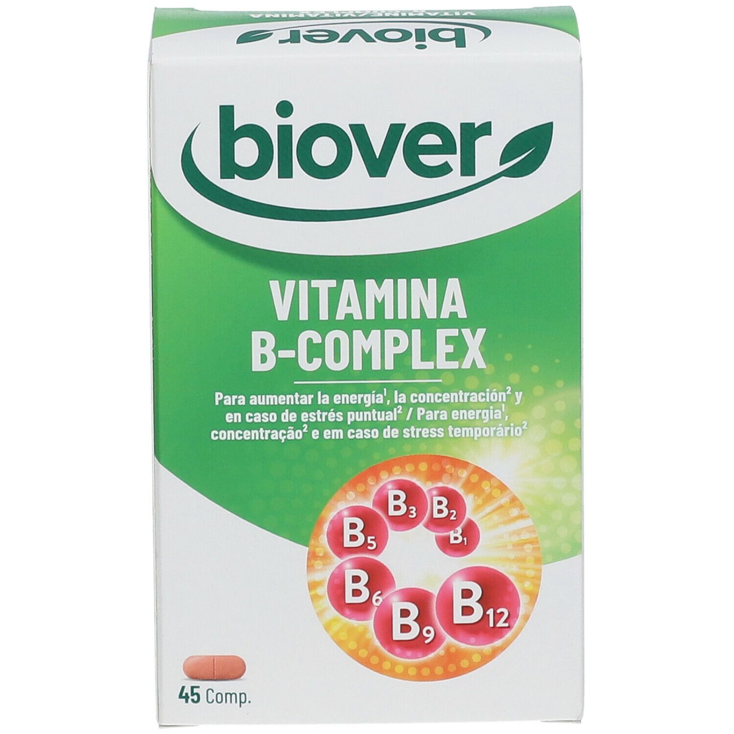 Boîte BIOVER Vitamine B-Complex. Inscription: Vitamina B-Complex. 45 comprimés. Emballage vert et blanc.