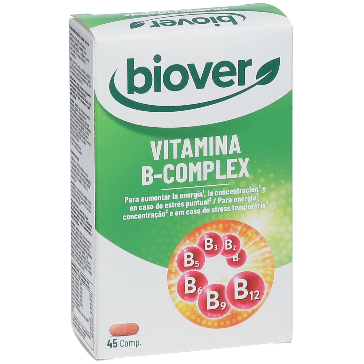 Boîte BIOVER Vitamine B-Complex. Inscription: Vitamina B-Complex. 45 comprimés. Emballage vert et blanc.