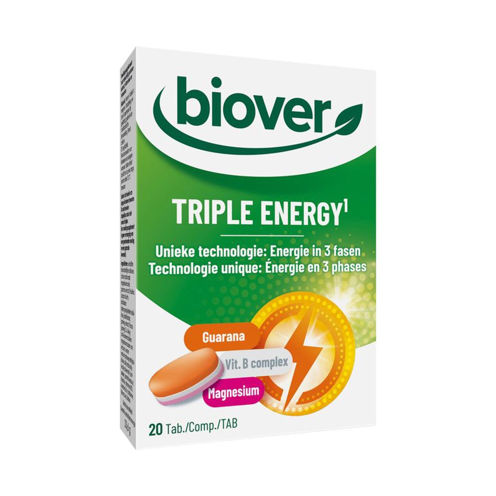 Doosje Biover Triple Energy. Groen-wit design, 20 tabletten. Bevat guarana, vitamine B-complex en magnesium.