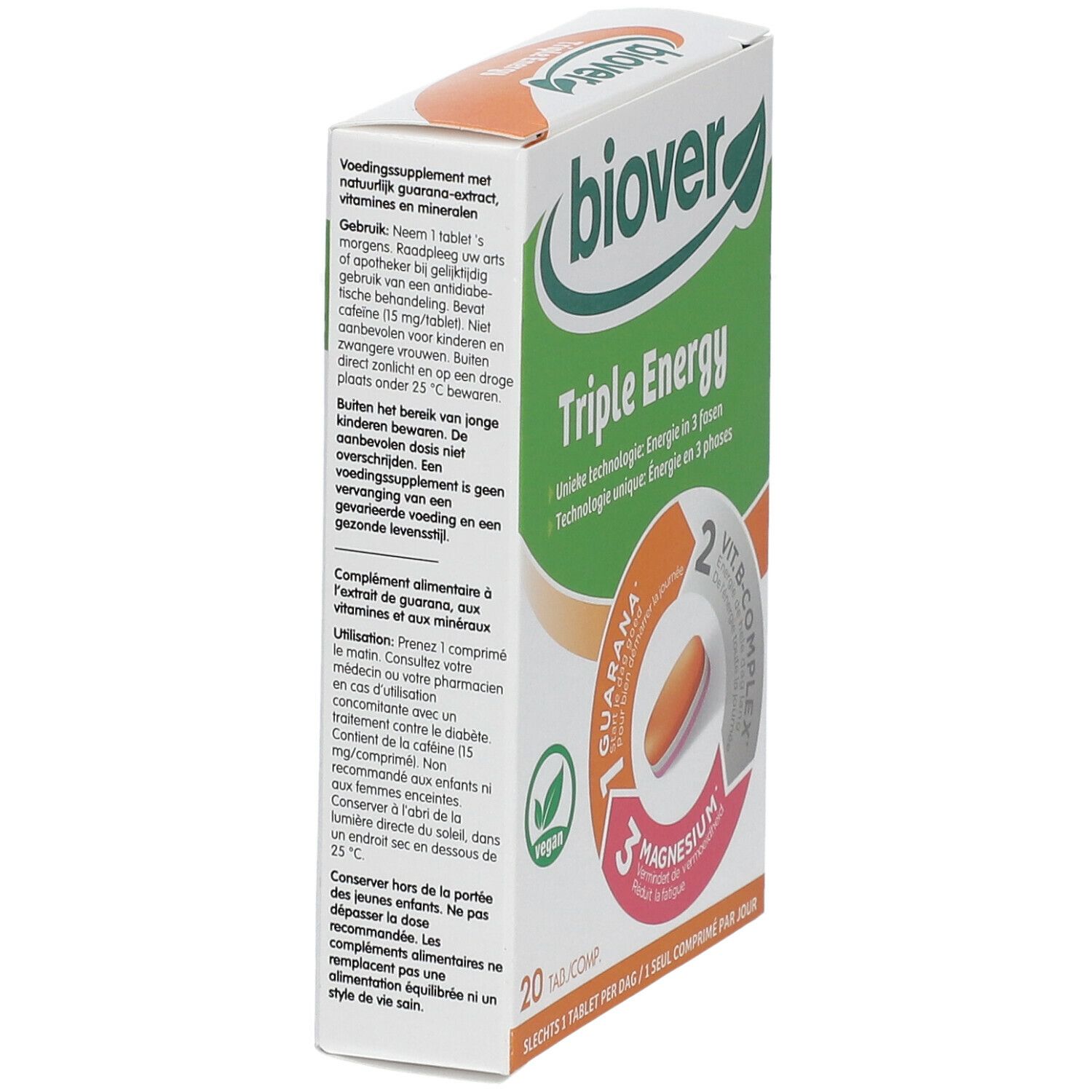 Biover Triple Energy doosje, zijaanzicht. Bevat 20 tabletten. Tekst: Energie in 3 fasen. Ingrediënten en instructies.