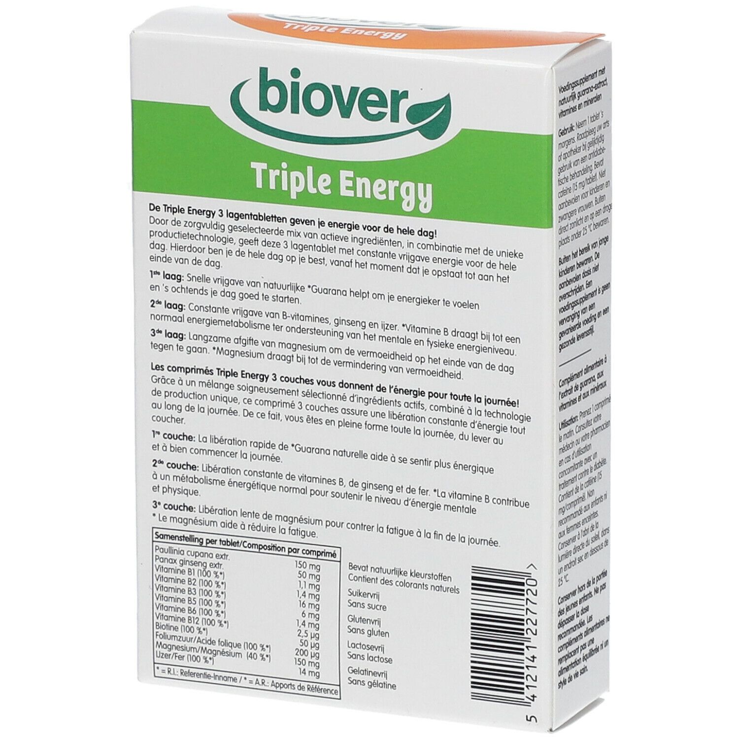 Achterkant van de Biover Triple Energy doos. Bevat informatie over ingrediënten en gebruik in 3 fasen.