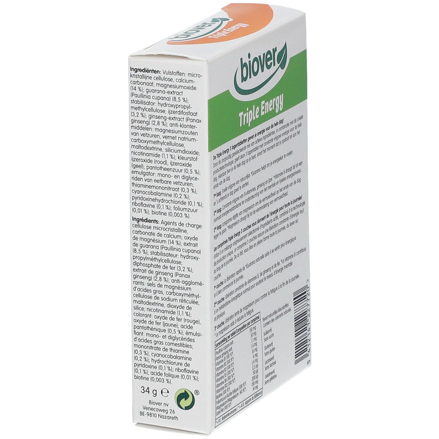 Biover Triple Energy doosje, detail van ingrediënten. Bevat een lijst van ingrediënten en voedingswaarden.