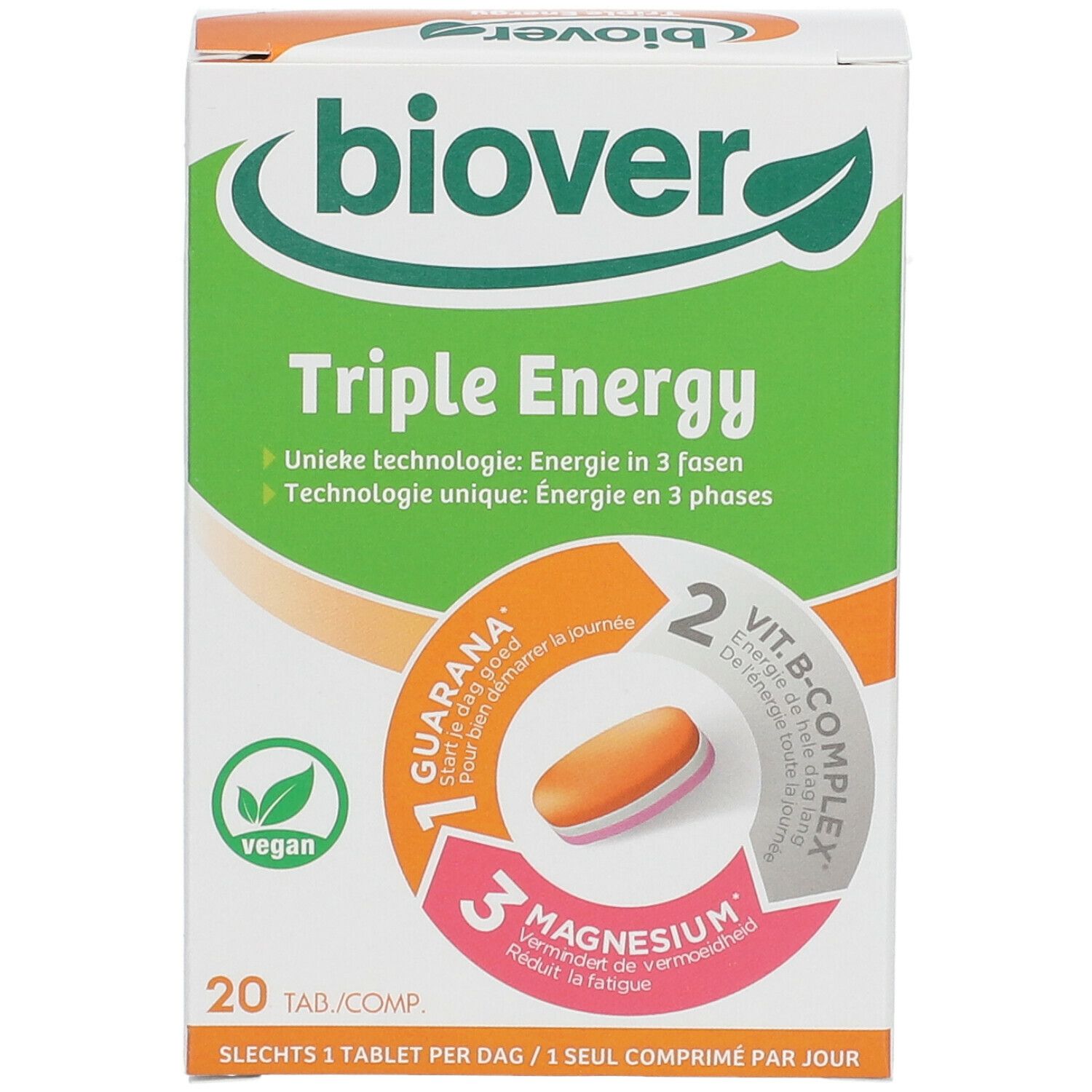 Doosje Biover Triple Energy. Groen-wit design, 20 tabletten. Bevat guarana, vitamine B-complex en magnesium.