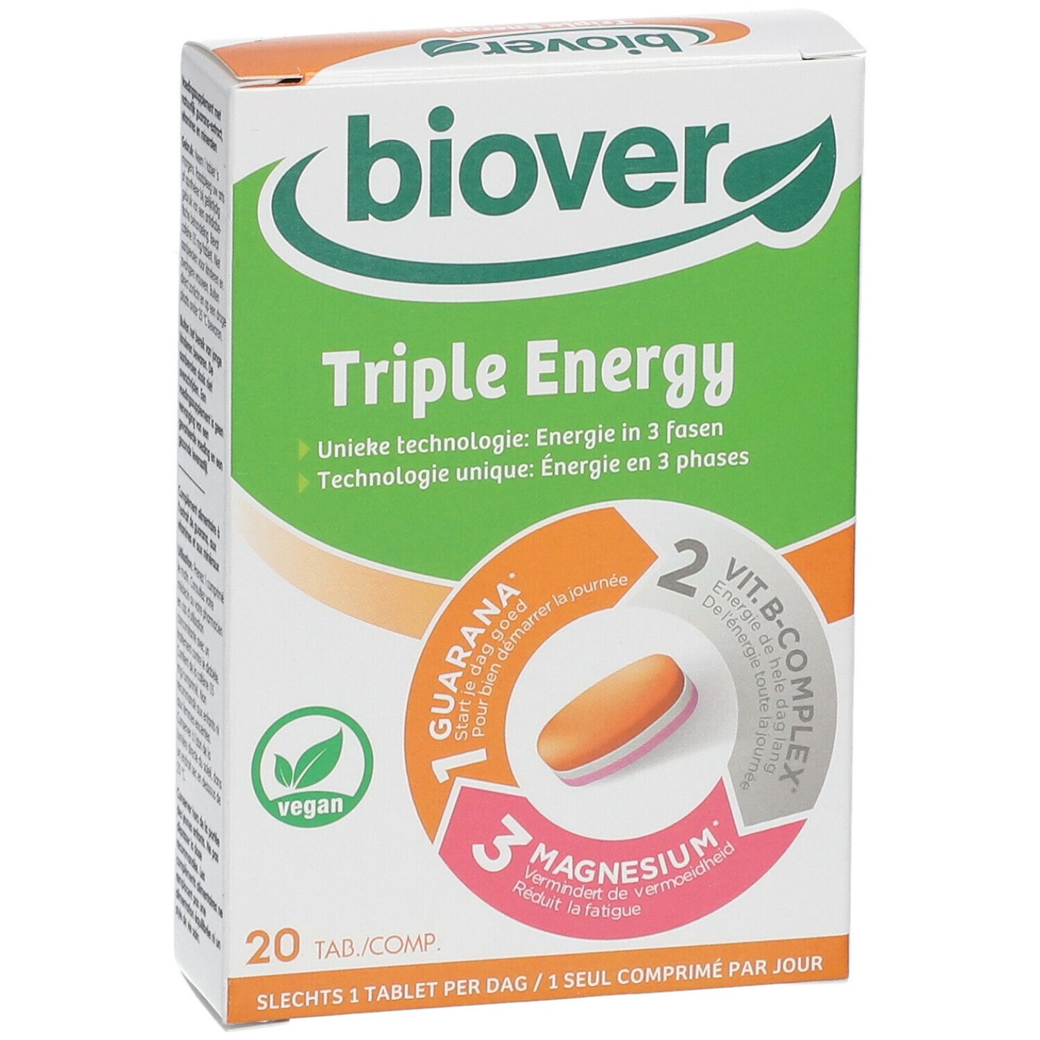 Doosje Biover Triple Energy. Groen-wit design, 20 tabletten. Bevat guarana, vitamine B-complex en magnesium.